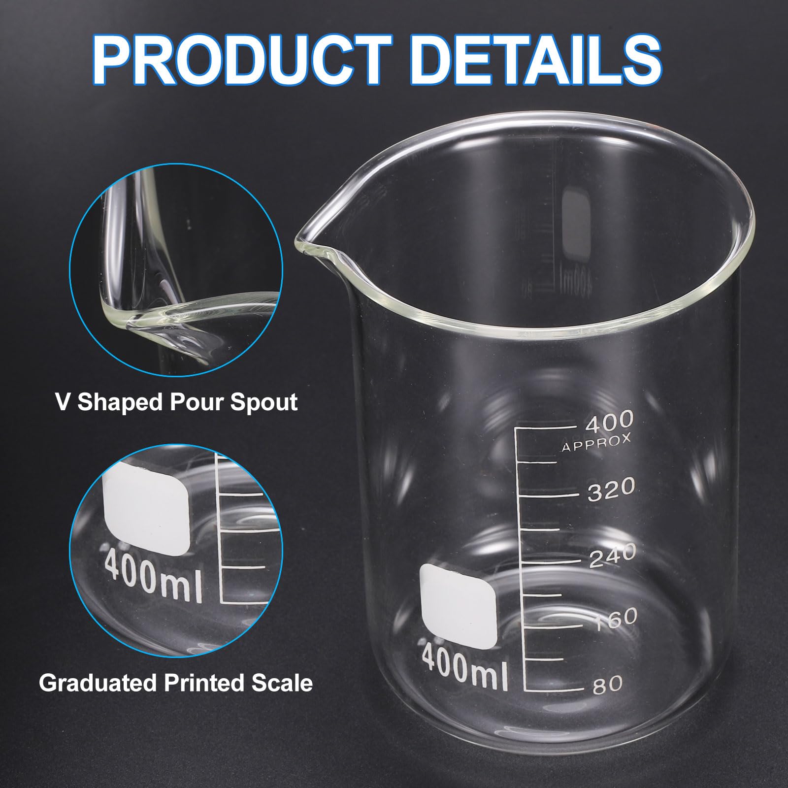 PATIKIL Vaso de vidrio de 400 ml, paquete de 2 vasos de vidrio medidores, vasos de laboratorio de borosilicato graduado, taza de baja forma, segura para el calor, transparente con 50 palos de madera