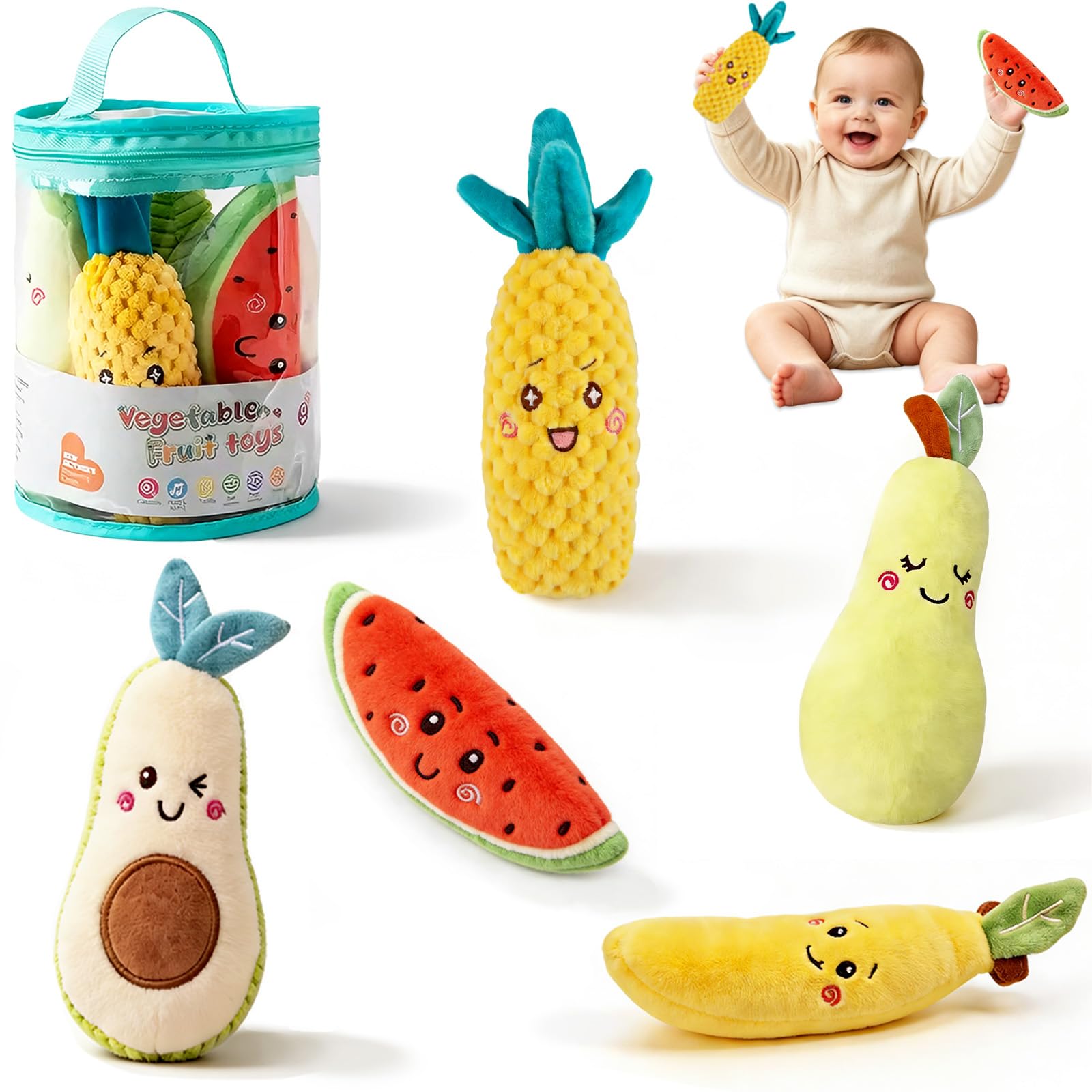 JoyCat Juguetes Sensoriales Para Bebés De 6 A 12 Meses – 12 Peluches De Animales Y Frutas Con Sonajeros Y Papel Crujiente, Set Montessori Educativo
