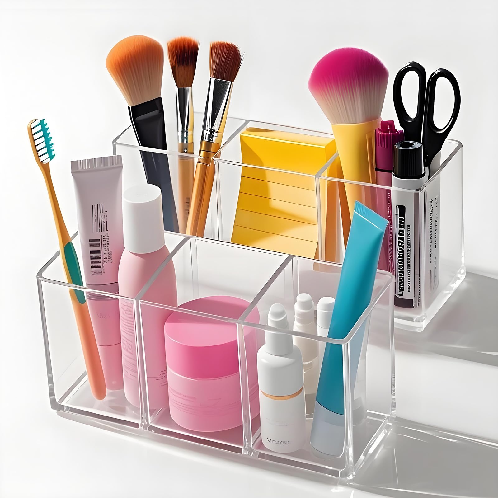 eieioo Acrylic Makeup Brush Holder, 2 Pack Clear Pencil Holder, Desk Accessories Holder with 3 Compartments, Brush Organizer for Vanity, Desk,