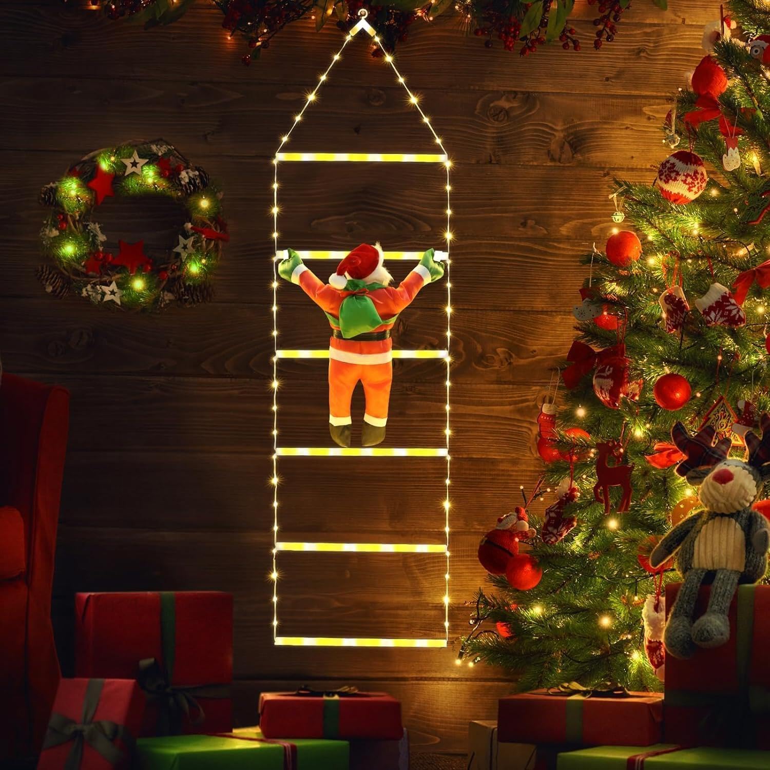 iShabao 1M Guirnalda Luces de Navidad, 132LED Luz de Escalera Navidad con Papá Noel, 8 modos, Función de Memoria, Temporizador, Luz de Navidad Decoración Interior Exterior Balcón(Blanco Calido)