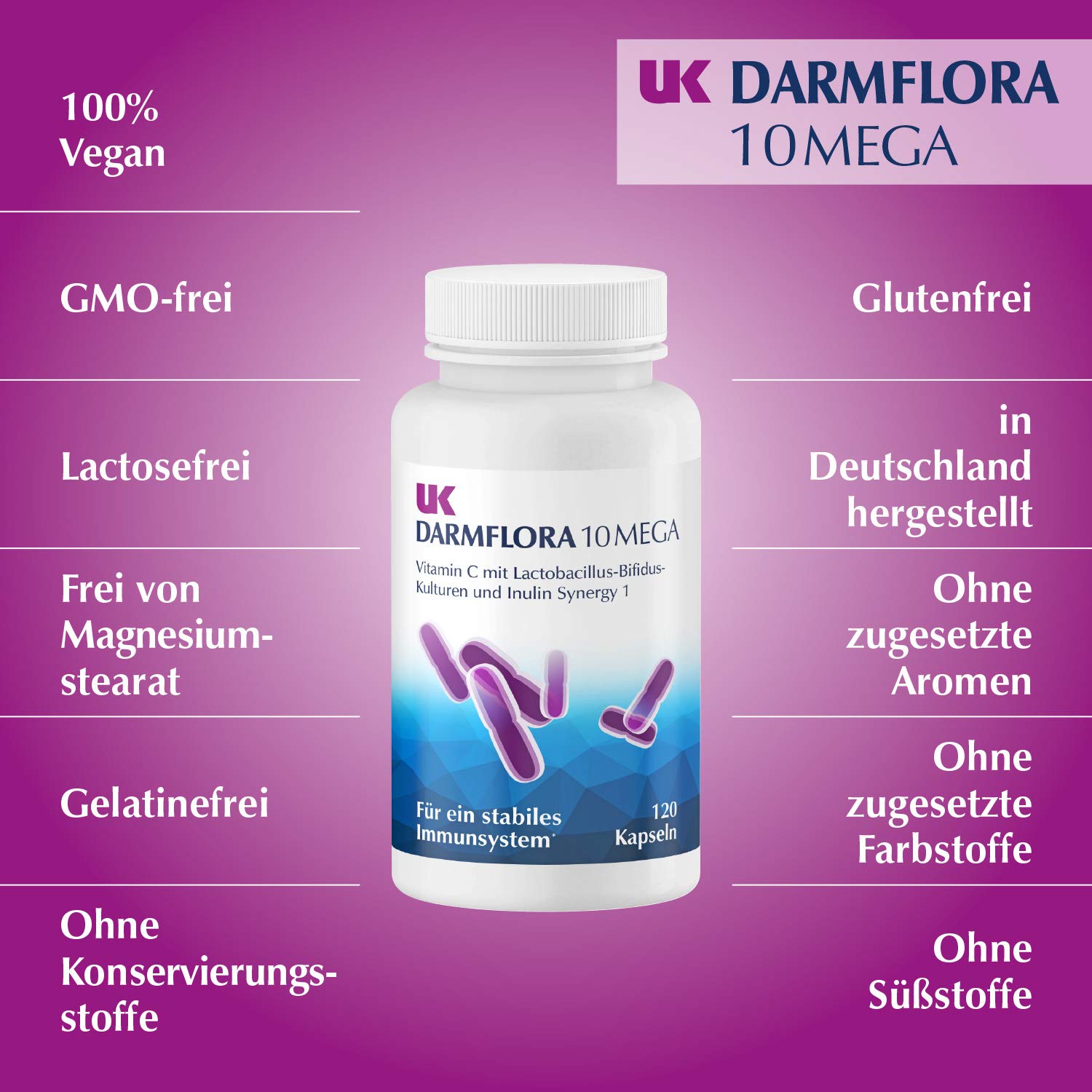 UK Darmflora 10 Mega Kapseln vegan - Hochdosierte Laktobazillus-Bifidus-Kulturen + Inulin Synergy 1 & Vitamin C