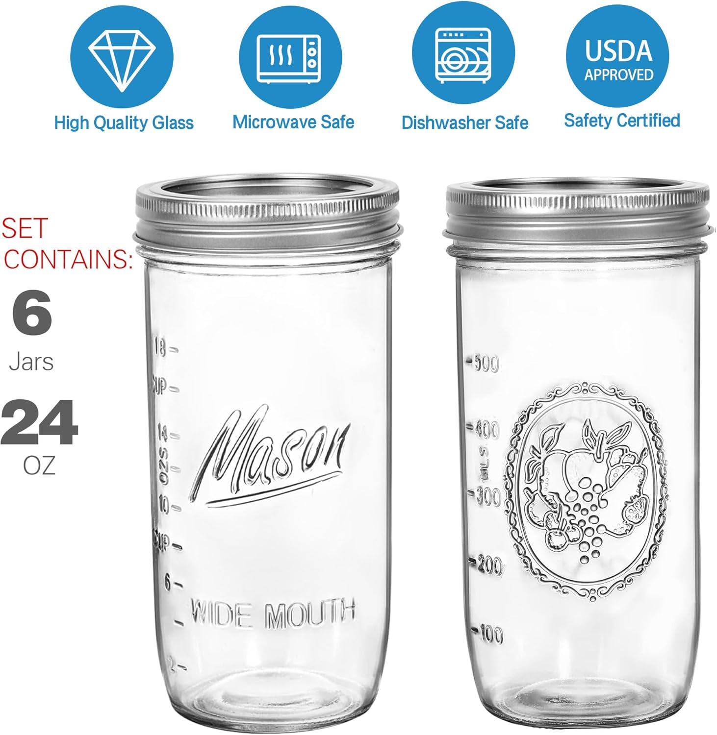 24 oz Wide Mouth Mason Jars - Canning Jars with Metal Airtight Lids and Bands, 24 ounce Mason Glass Jars for Fermenting, Pickling, Meal Prep, Overnight Oats, Jam, Jelly, DIY Projects (6 pack) - Image 2