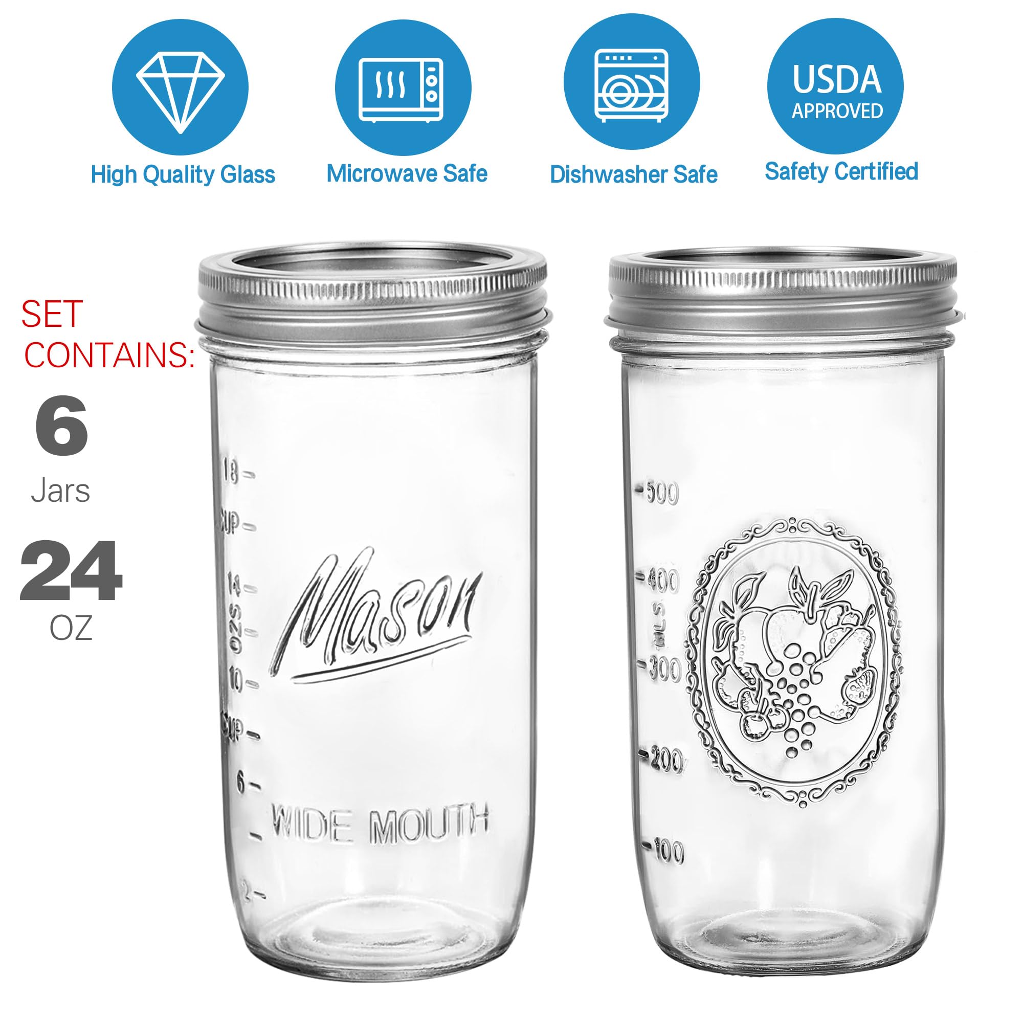 Tarros Mason de boca ancha de 24 onzas, tarros de conservas con tapas herméticas de metal y bandas, tarros de vidrio Mason de 24 onzas para fermentación, encurtidos, preparación de comidas, avena