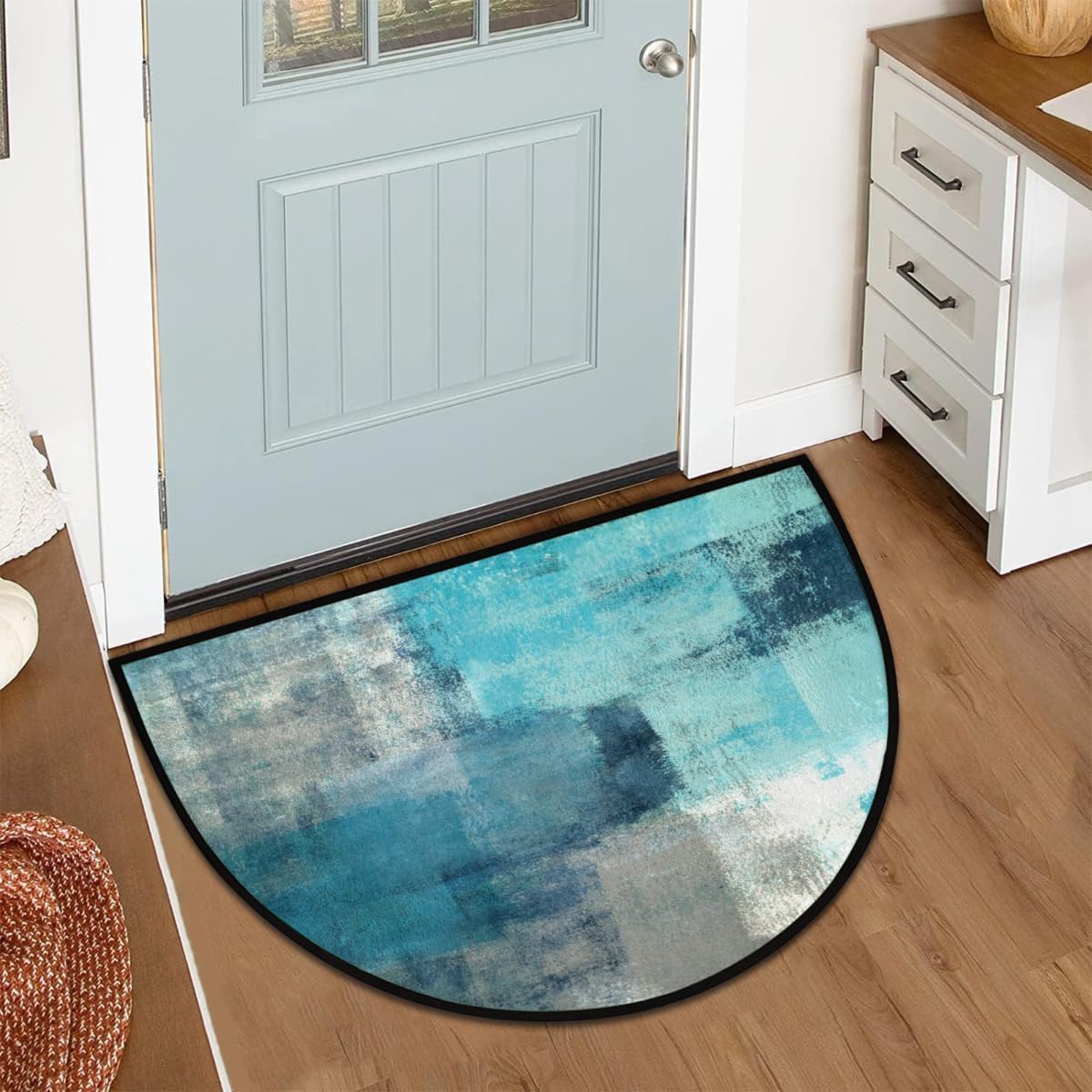 Half Round Door Mat - Indoor Outdoor Turquoise Teal Half Circle Rug for Entryway, Bathroom, Kitchen, Living Room - Washable Non-Slip Half Moon Mat with Boho Floral Vintage Design - Small Floor Mat