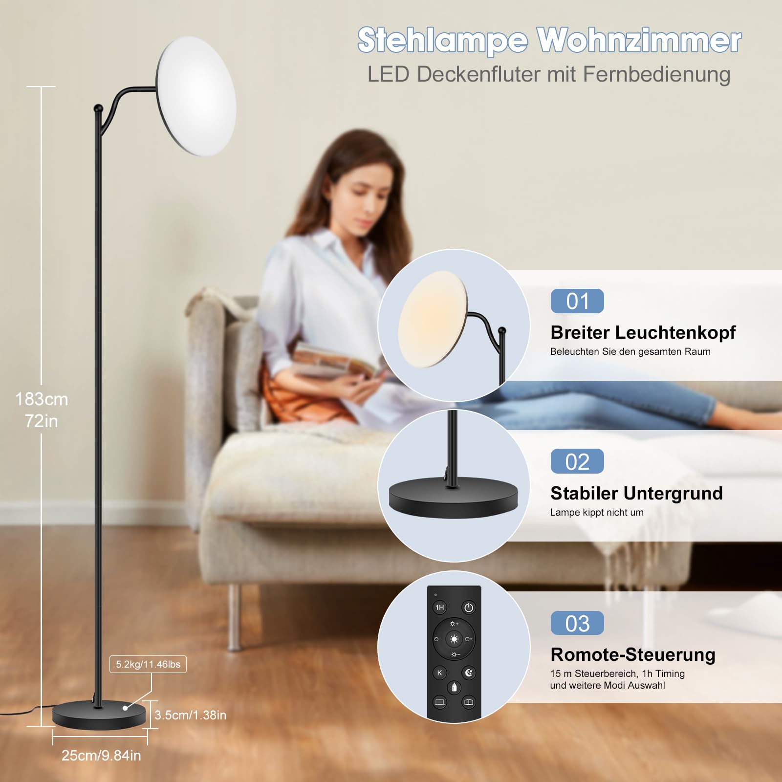 Oraymin Stehlampe Wohnzimmer 32W, Deckenfluter Stehleuchte Dimmbar mit Fernbedienung, 2700K-6500K Stehlampen LED Dimmbar Hohe Stehleuchte, Drehbare Stehlampe für Wohnzimmer Schlafzimmer Büro