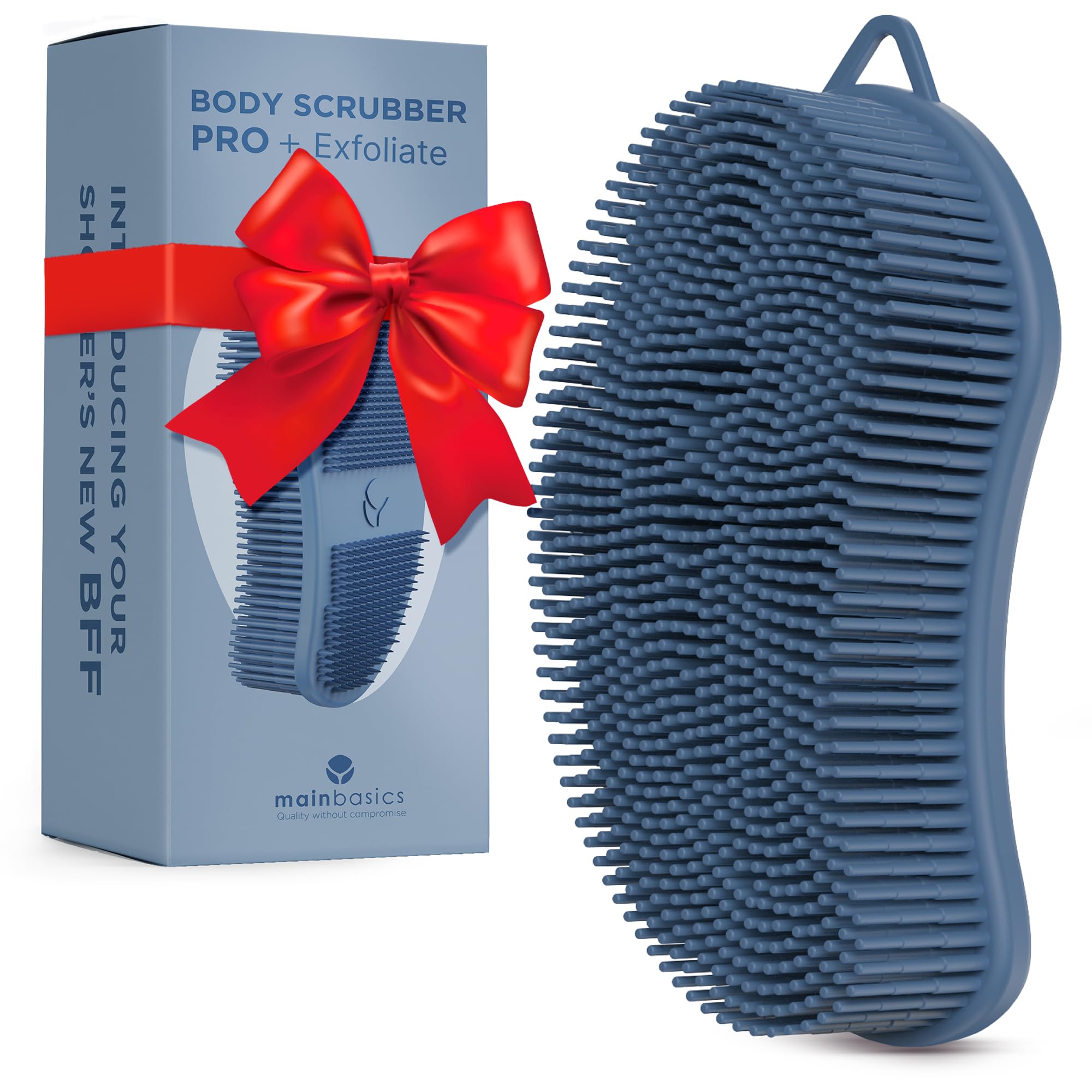 MainBasics Silicone Body Scrubber – Dual-Sided Shower Exfoliator for Men & Women, Gentle Silicone Loofah Alternative for Deep Clean (Dark Blue, Exfoliate)