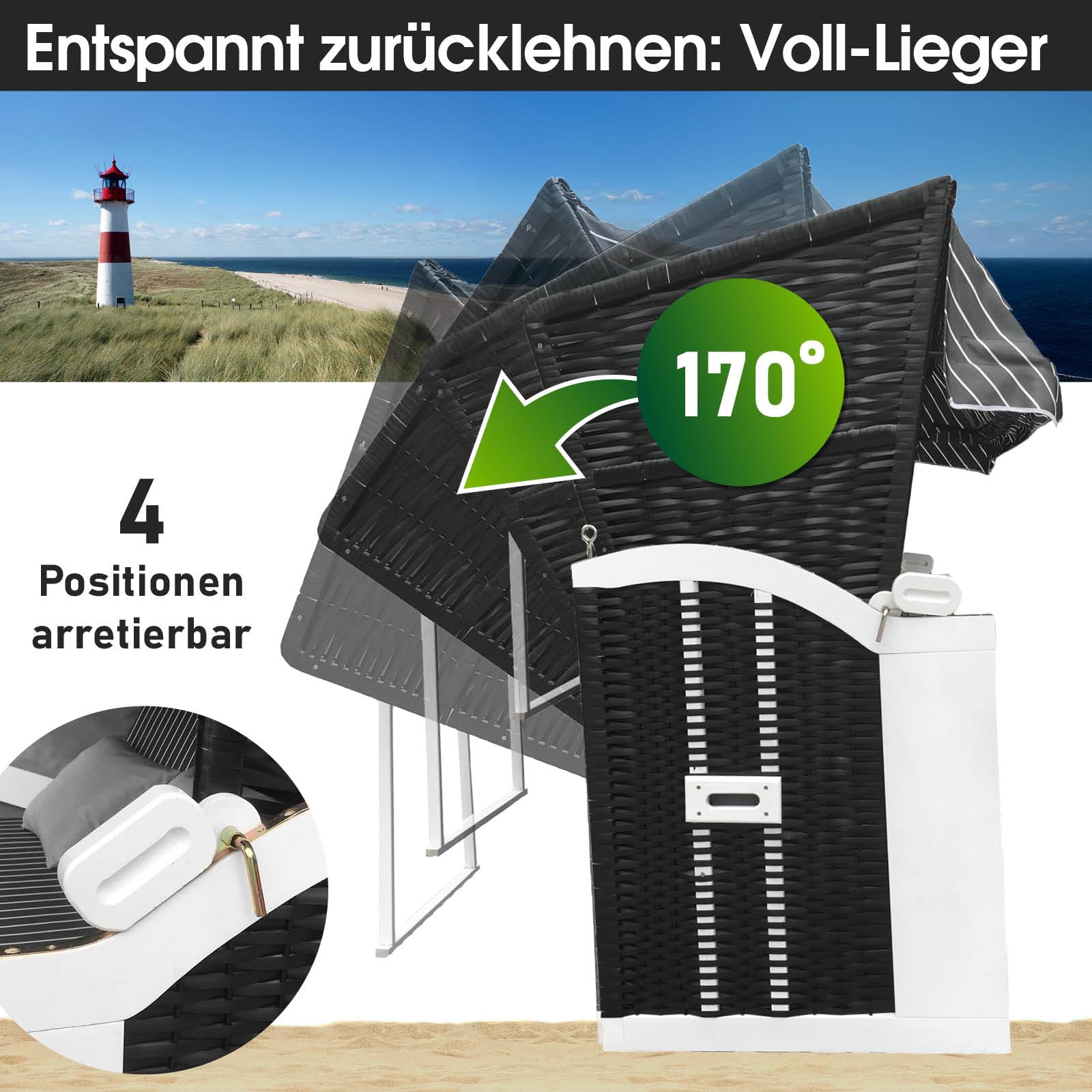 BRAST Corbeille de Plage mer Baltique 3 Places 165x160x79cm Osier en Poly rotin/Bois imperméable + Housse trés Confortable - Chaise Longue Strandkorb - Anthracite/Gris rayée