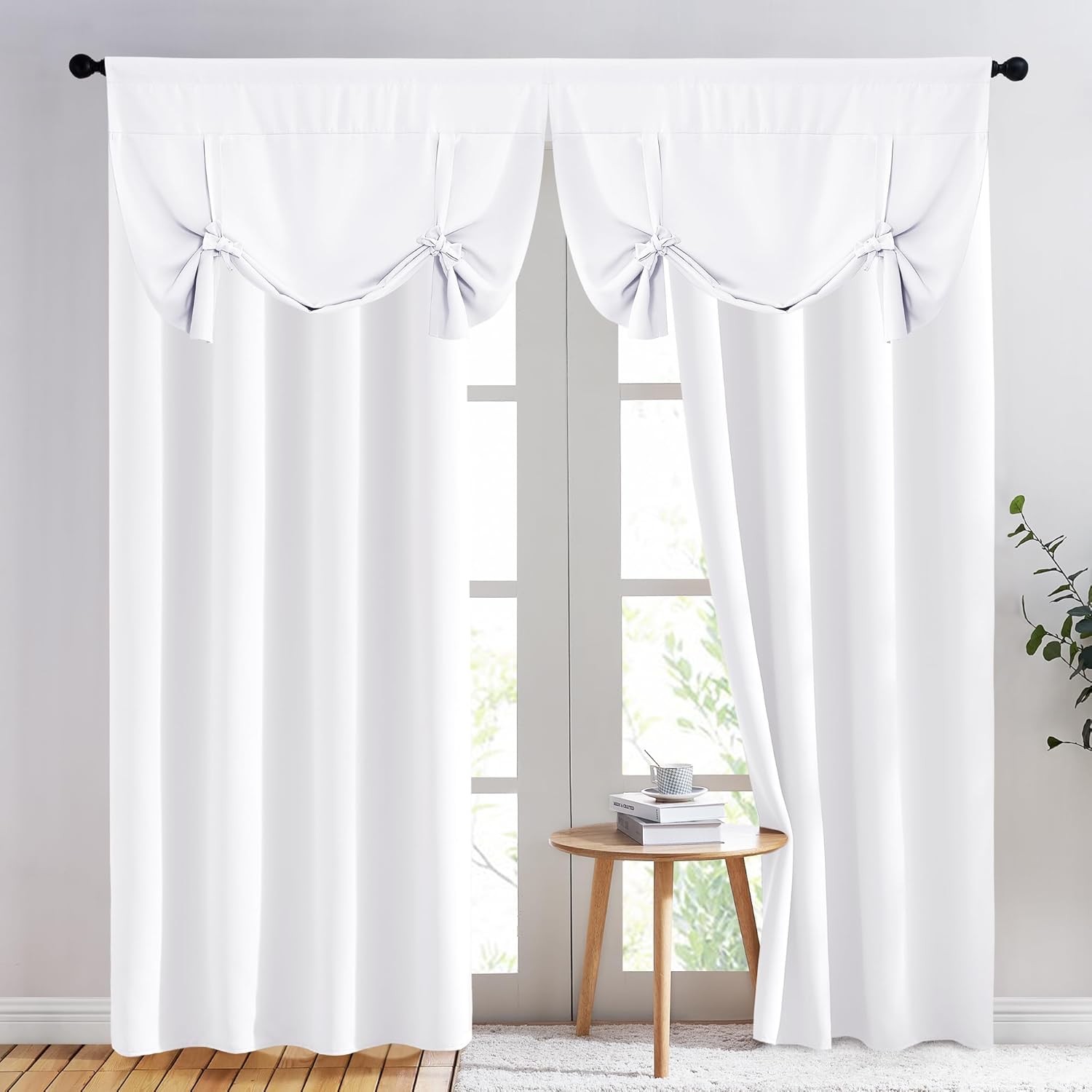 NICETOWN 1 Panel 46" x 63" Tie up Curtain with 2 Panles 52" x 84" Gromemt Blackout Curtains for Living Room Thermal Insulated Window Shade for Bedroom, Pure White