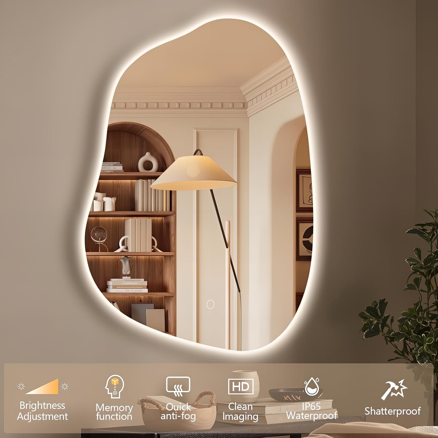 Irregular LED Bathroom Mirror with Lights, 42"x32" Anti Fog Frameless Led Bathroom Vanity Mirror, Backlit Mirror for Bathroom Bedroom Living Room, 3 Colors, Explosionproof, Horizontal/Vertica