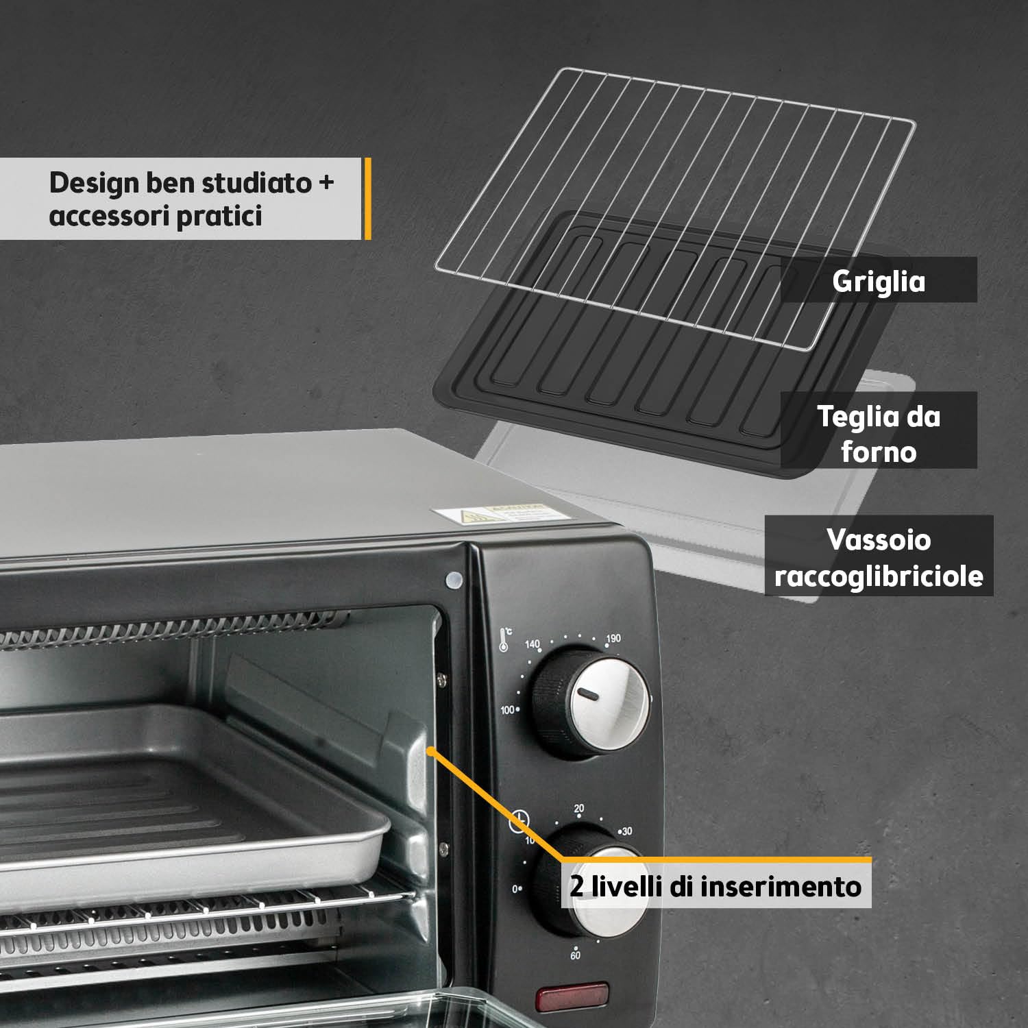 Forno Mini 10L 800W First Austria Fornetto con regolazione temperatura 230°C timer 60 min 2 altezze teglia griglia