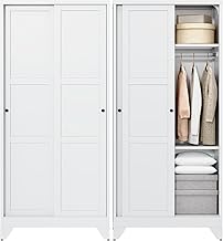 Letaya Armoire Wardrobe Closet,20" Deep Armoire Wardrobe Cabinets with Sliding Doors and Shelves,Narrow Slim Coat Closet Cabinet with Hanging Rod for Home (White)