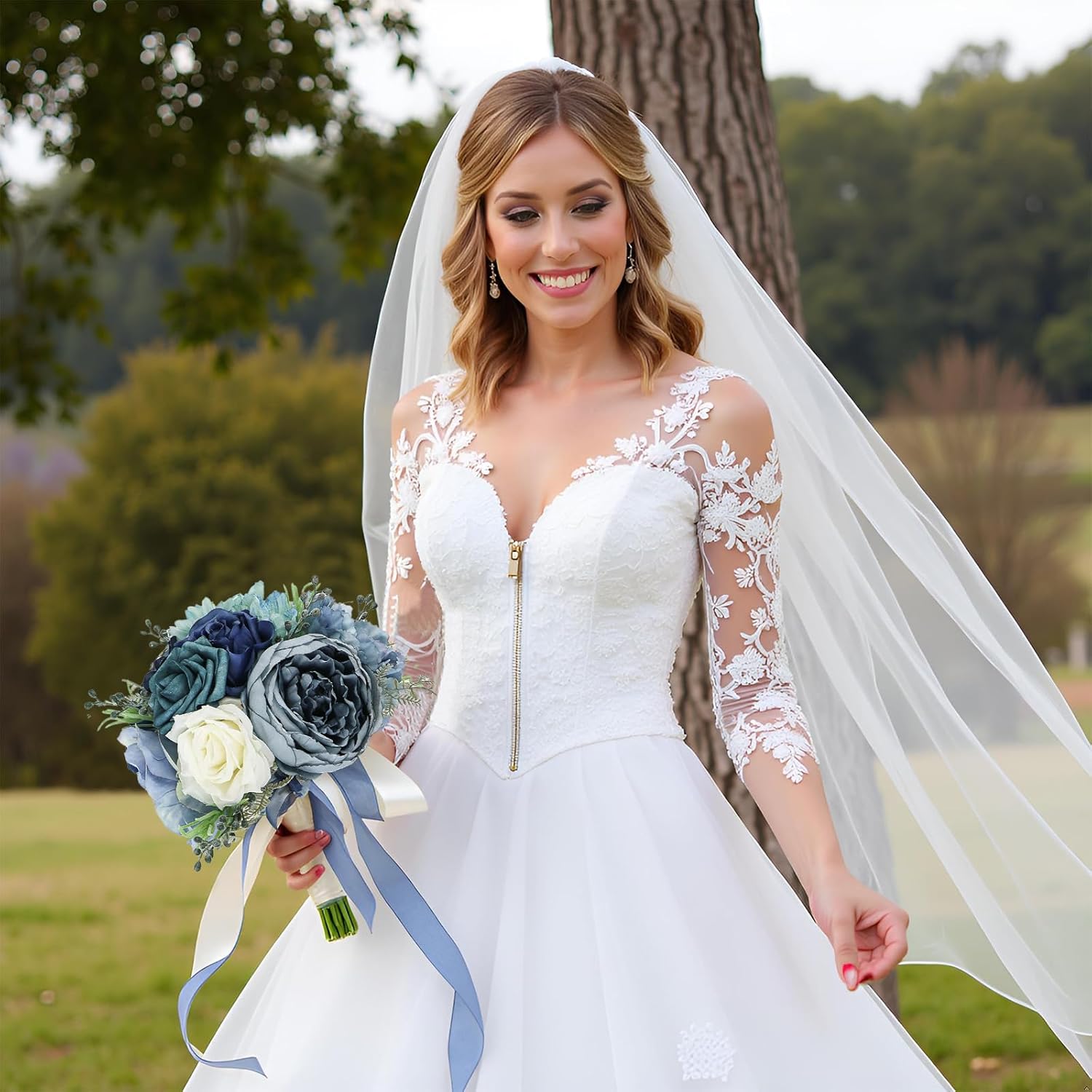 Wedding Bouquets for Bride Bridesmaid 8.5 Inch Dusty Blue Artificial Roses Flowers Bridal Bouquets for Bride Wedding Marriage Proposal Party Church Decoration
