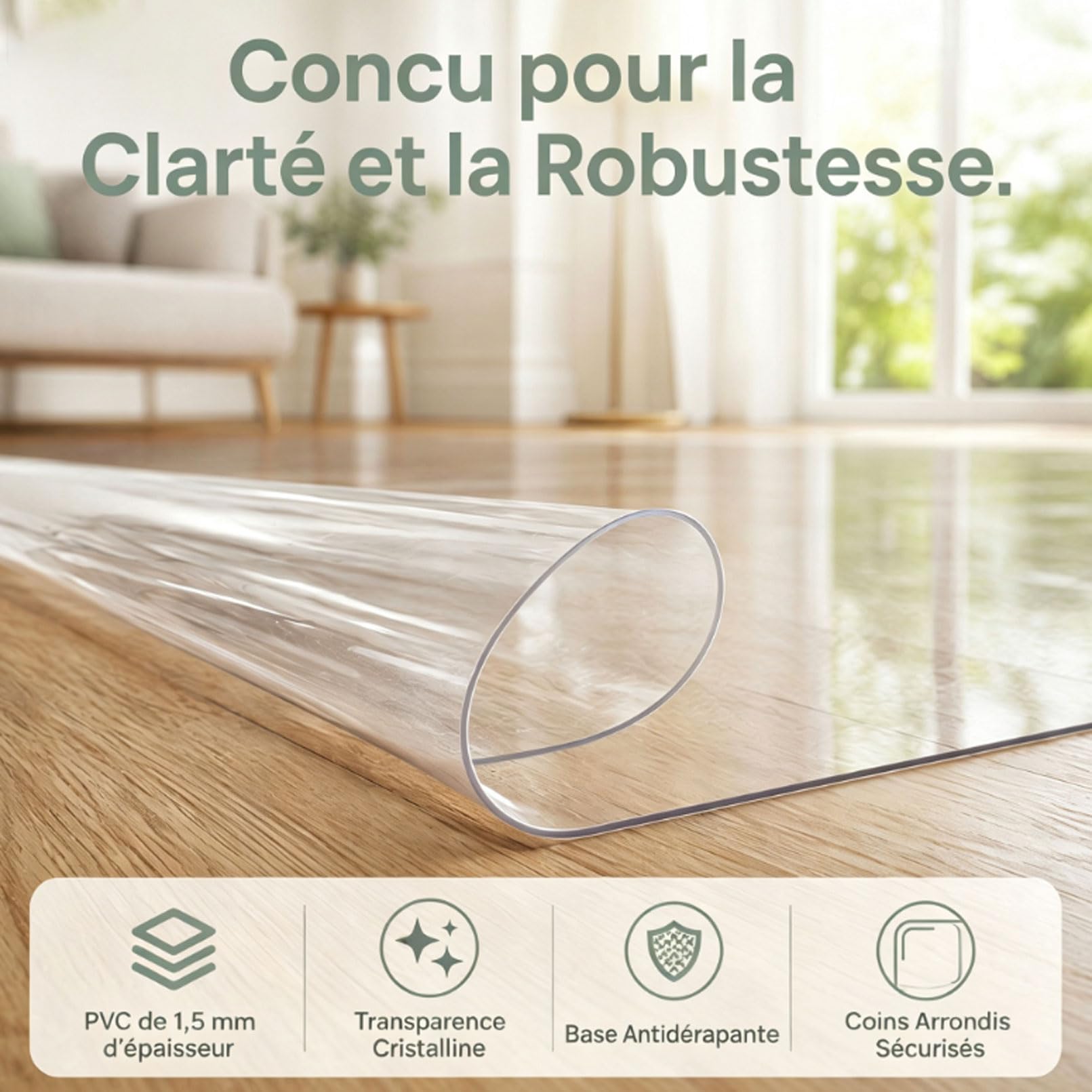 Tapis Transparent Anti-Bruit pour roulettes de Chaise 155x205cm 1,5MM Tapis Protection Sol amortit Les bruits de déplacement sur Sol Dur intérieur