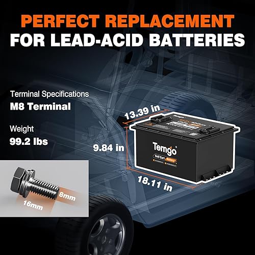 Miniatura 2 de Batería de litio para carrito de golf de 48 V, batería TEMGO LiFePO4 de 51.2 voltios y 100 Ah, Bluetooth integrado 200A BMS, incluye cargador de