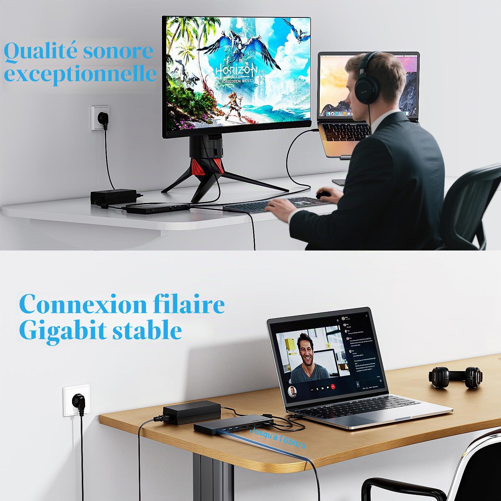 Station d'accueil USB-C WAVLINK 12-en-1, Alimentation 100 W, 2DP+HDMI, 4 Ports USB-A, 2 Ports USB-C Gigabit Ethernet 10 Gbps, Station d'accueil pour Ordinateur Portable avec Triple Affichage