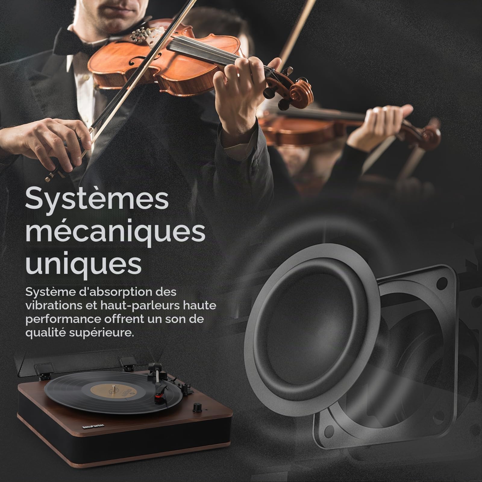 Tourne Disque, Platine Vinyle entrée et Sortie Bluetooth avec Haut-parleurs intégrés, Radio FM, Enregistrement Vinyle-MP3, Lecture USB et SD, écran LED, Noyer
