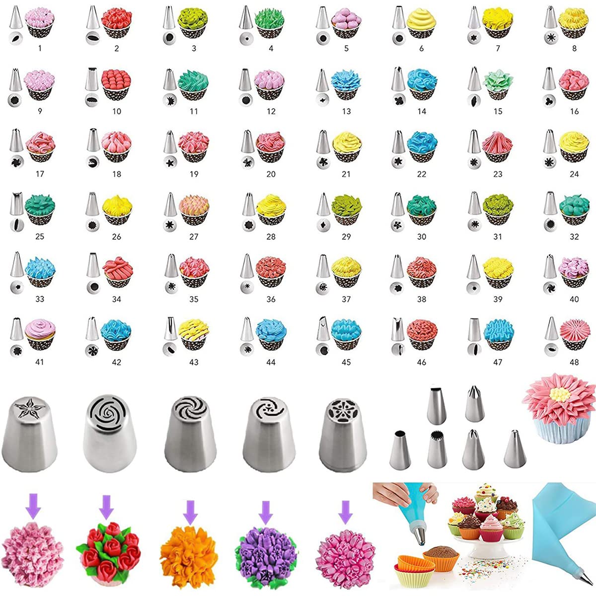 Fayelong Decoración De Pasteles Con Suministros Para Hornear, Juego De 413 Piezas, Juego De 48 Puntas De Glaseado De Acero Inoxidable, 3 Acopladores Reutilizables Y 100 Mangas Pasteleras