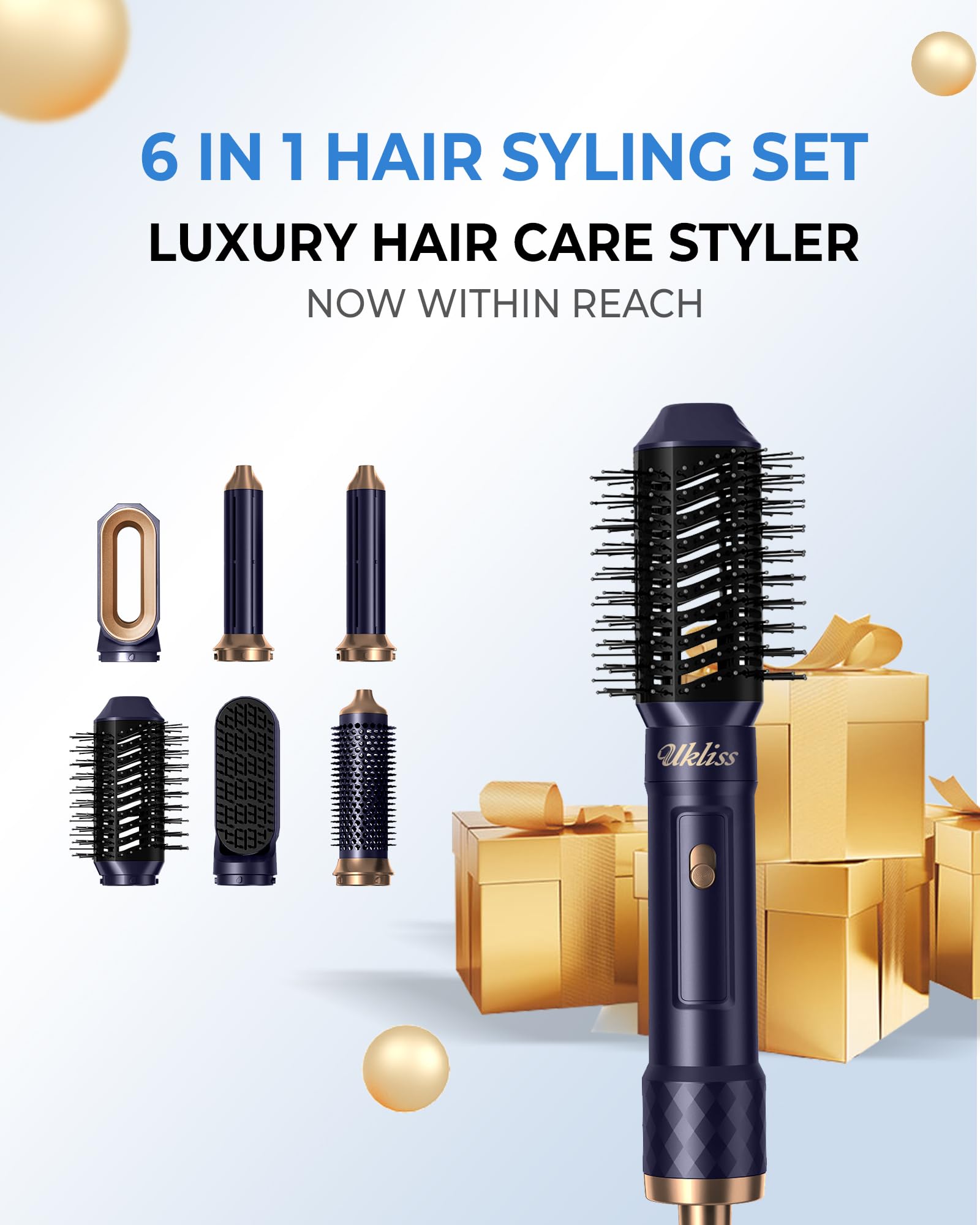 Spazzola Asciugacapelli 6 in 1, UKLISS Airstyler Set con Arricciacapelli Automatico, Hair Dryer, Spazzola ad Aria Calda, Thermal Brush, Spazzola Lisciante Capelli, Regali per Donne Styling - Blu