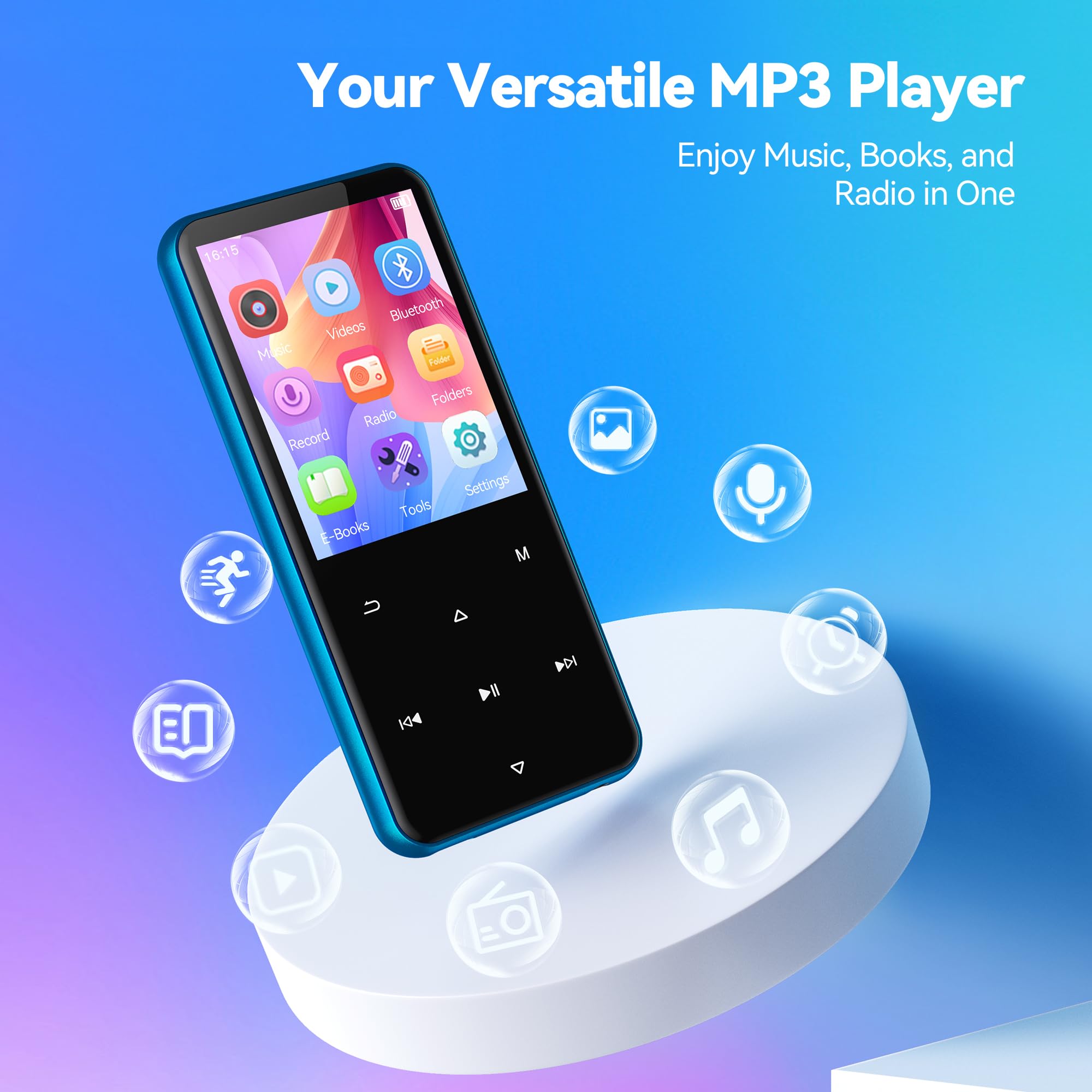 Condition photo showing New/Like New for agptek 32gb mp3 player with bluetooth, m3 2.4'' player with speaker | with fm radio, touch buttons, supports up to 128gb(blue)