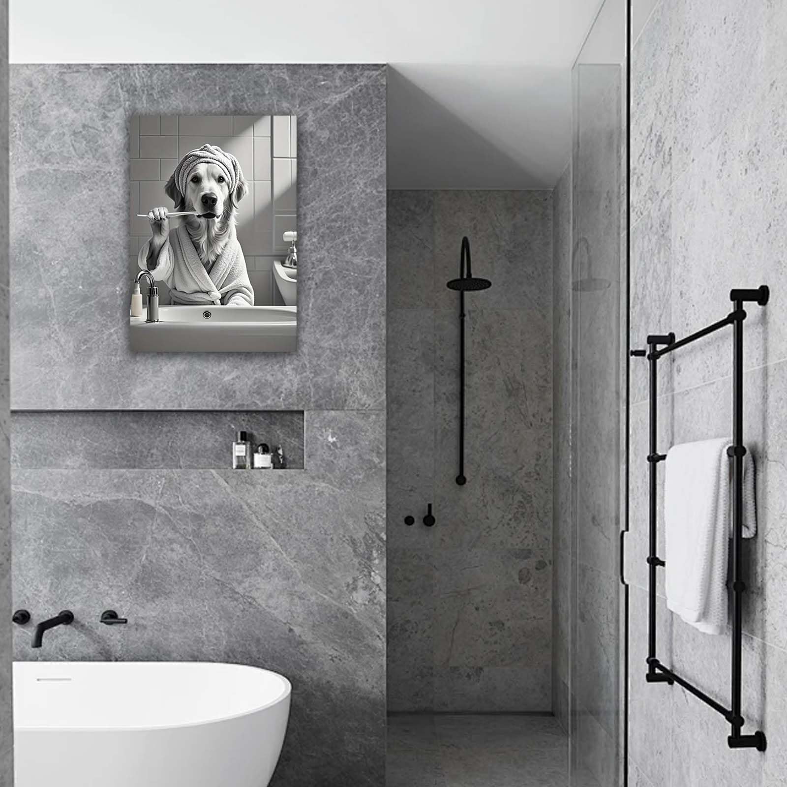 Qiukoo Bathroom Wall Art with Wooden Frame and Hanging Hooks, Funny Dog Brushing Teeth Canvas Print - Image 3