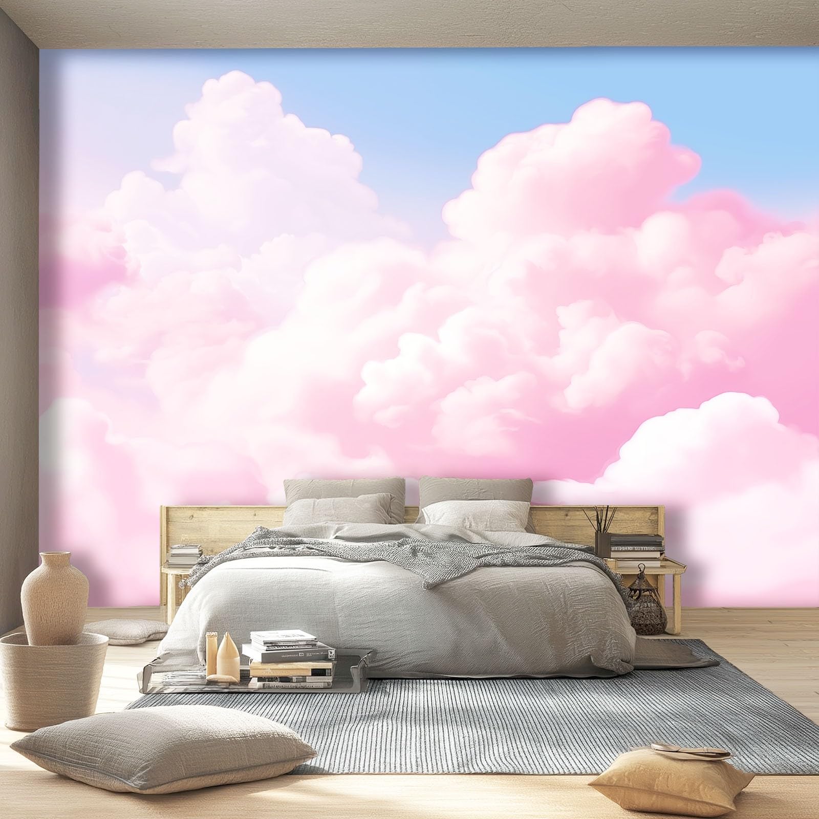 Fototapeta, wzór chmury, 300 x 210 cm, flizelina, sztuka ścienna, mural różowy, minimalistyczny, uroczy styl, tapeta do sypialni, salonu, łazienki, dorosłych, nie odkleja się i nie przykleja