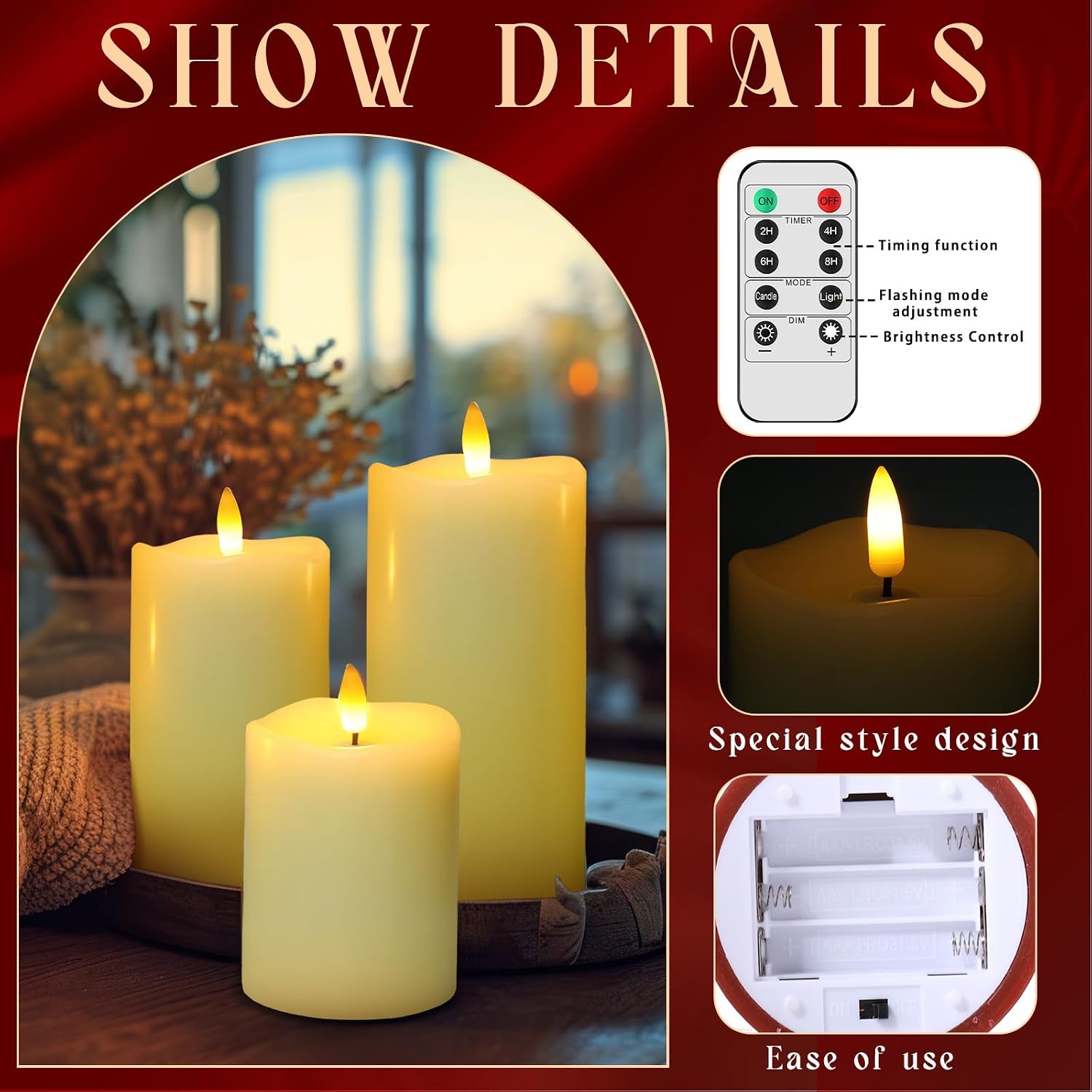 Retisee 4/5/6-inch Flameless LED Candles, Pillar Candles with Remote Timer, Flickering Real Wax, Battery Operated, for Birthday Party, Wedding Decorations(Ivory)