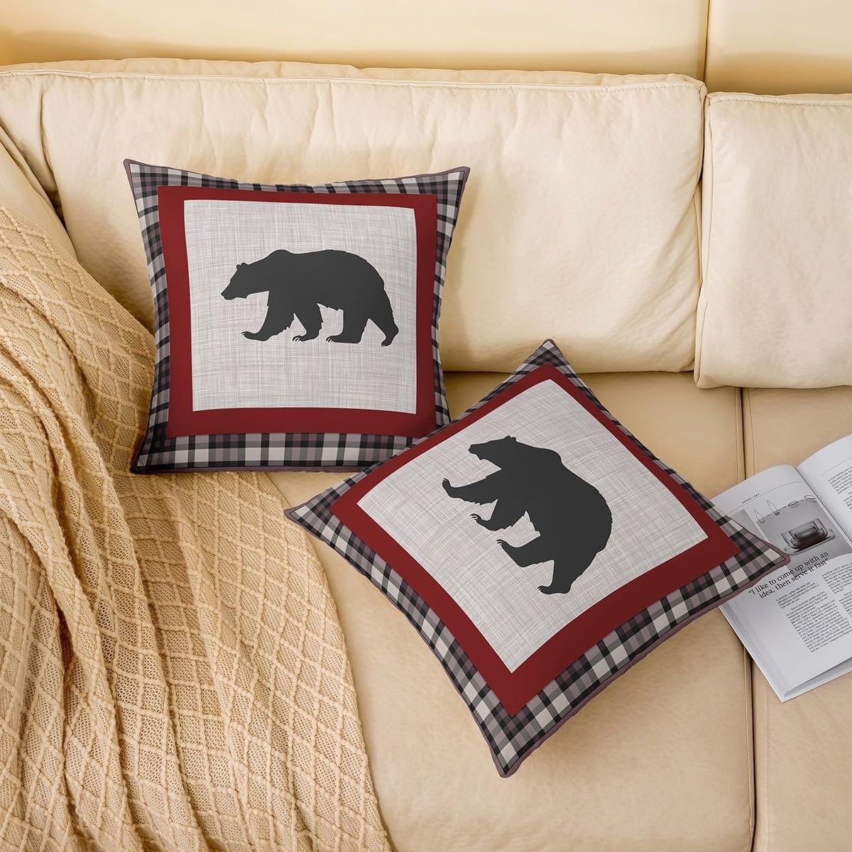 Bear Pillow Cover 22x22 Inch Set of 2 Retro Plaid Wild Animal Silhouette Cushion Cover for Couch Chairs Bed Lodge Cabin Rustic Style Soft Square Cushion Case for Kids Teens Adults Maroon