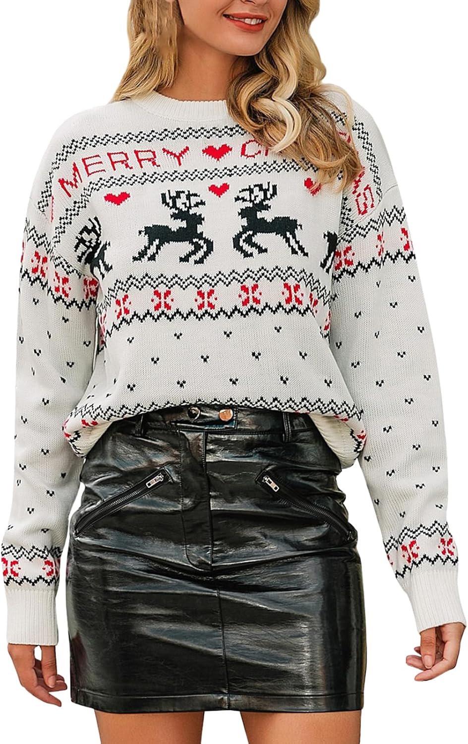 Women's Ugly Funny Christmas Sweaters Long Sleeve Knit Pullover Sweater Cute Reindeer Tree Snowflake Sweater (White, S)
