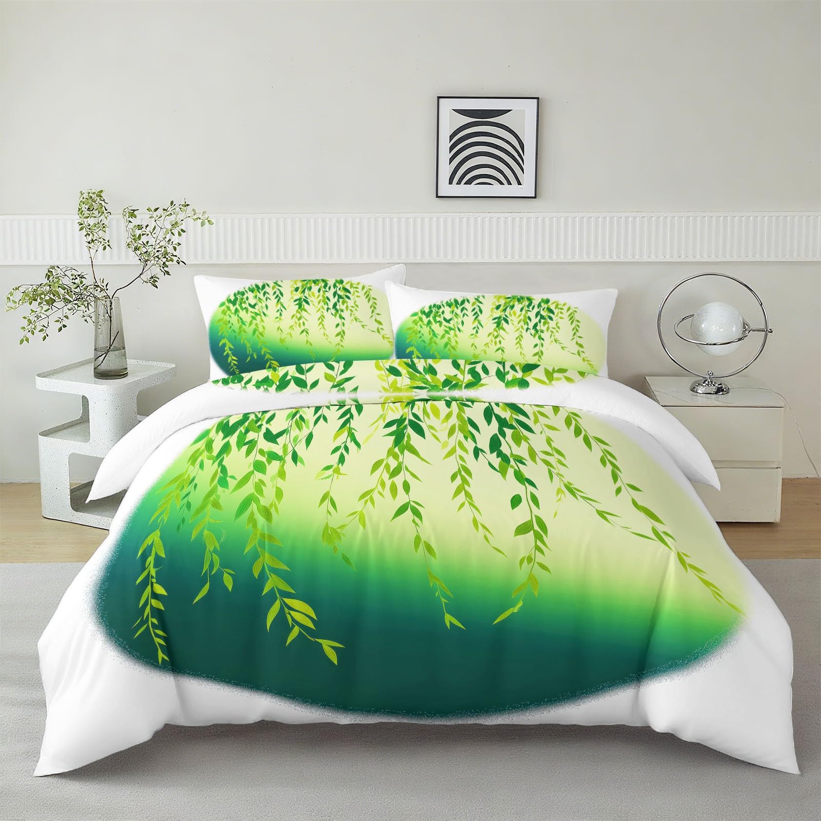 Komplet pościeli 200 x 200 cm, otoczenie wiejskie, rośliny, liście wierzby, dwustronna, poszewka na kołdrę z mikrofibry, poszewka na kołdrę i 1 poszewka na poduszkę 80 x 80 cm, z zamkiem błyskawicznym