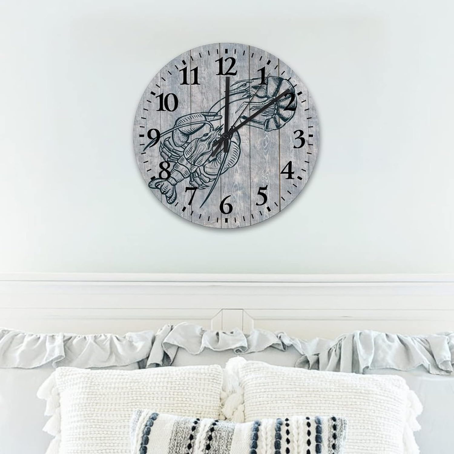 15 Inch Ocean Animal Lobster Clock Quartz Non Ticking Novelty White and Blue Starfish and Seashell Rustic Wood Wall Clock Arabic Numeral Round Clock for Living Room Kitchen Bedroom