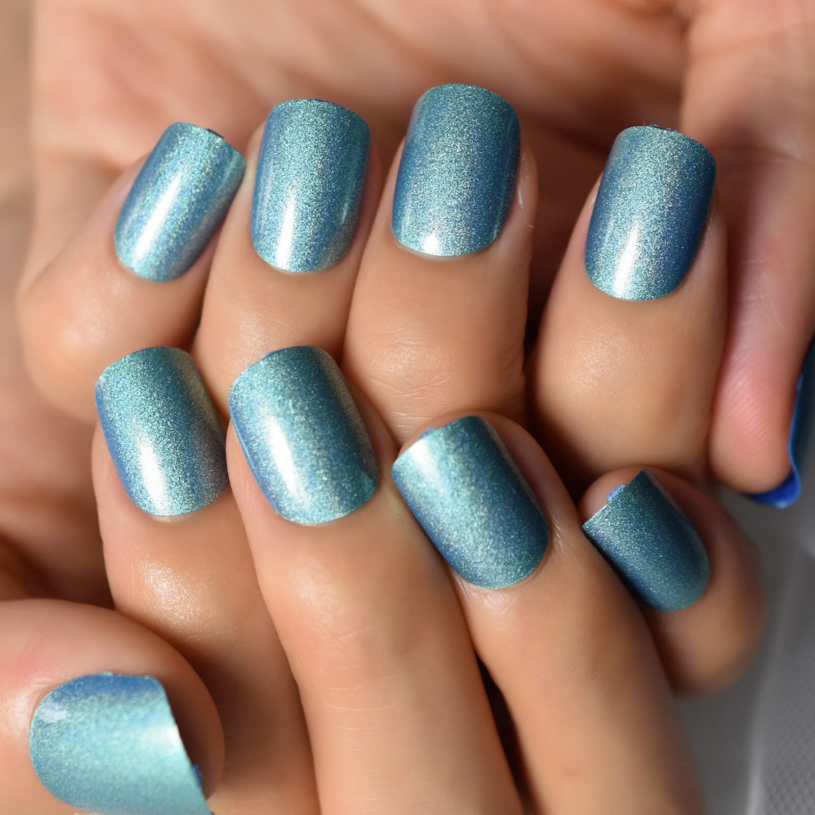 Amazon.com: Coolnail Shiny Holo Glitter French Fake Nail Squoval Square  Glossy Blue False Press on Nails UV Full Cover Girl Finger Wear Nail Art  Tips : Everything Else