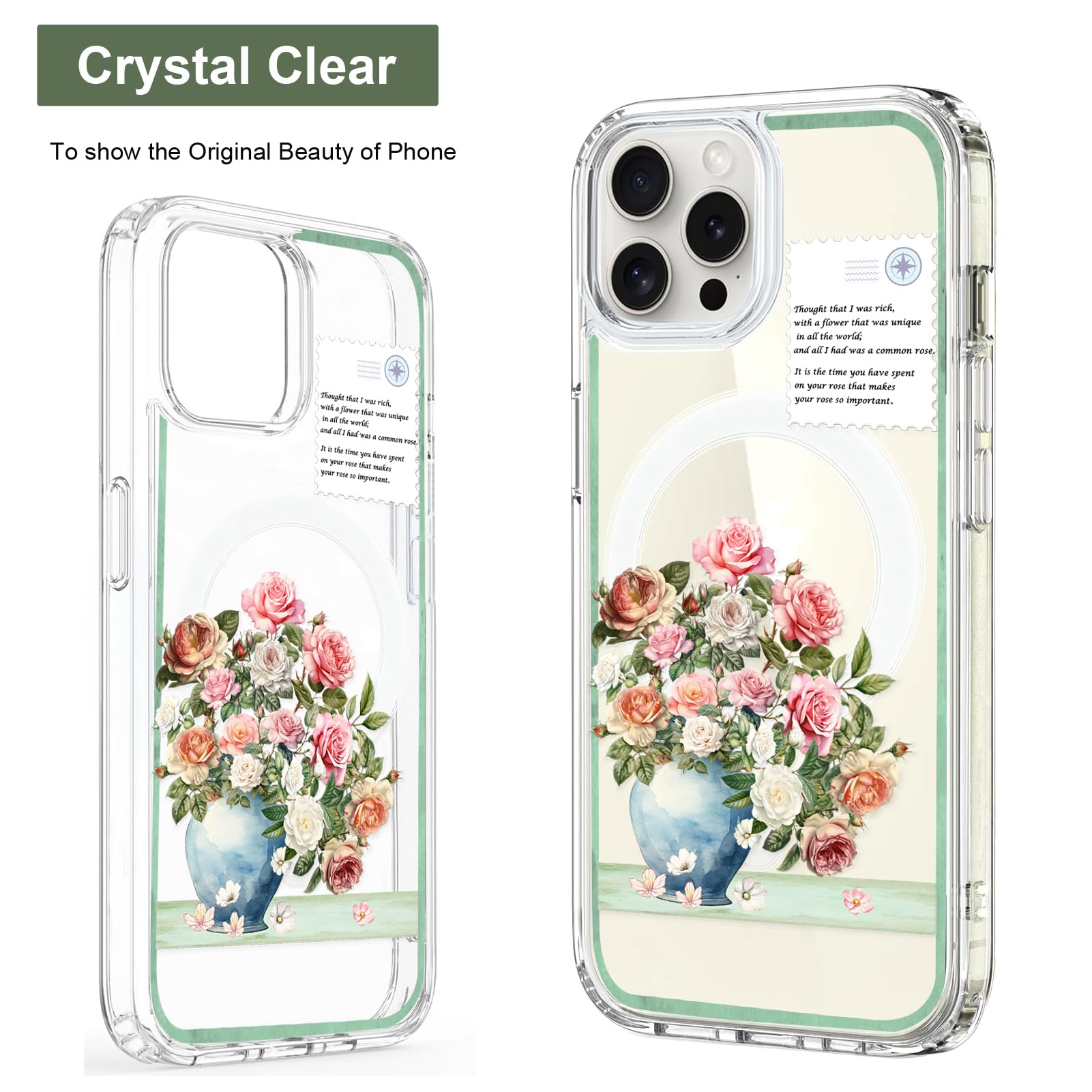 Unov Case Compatible with iPhone 15 Pro Max Case Magnetic Clear with Design Compatible with MagSafe Slim Protective Soft TPU Bumper with Hard PC Back Embossed Pattern (Rose Bouquet) - Image 3
