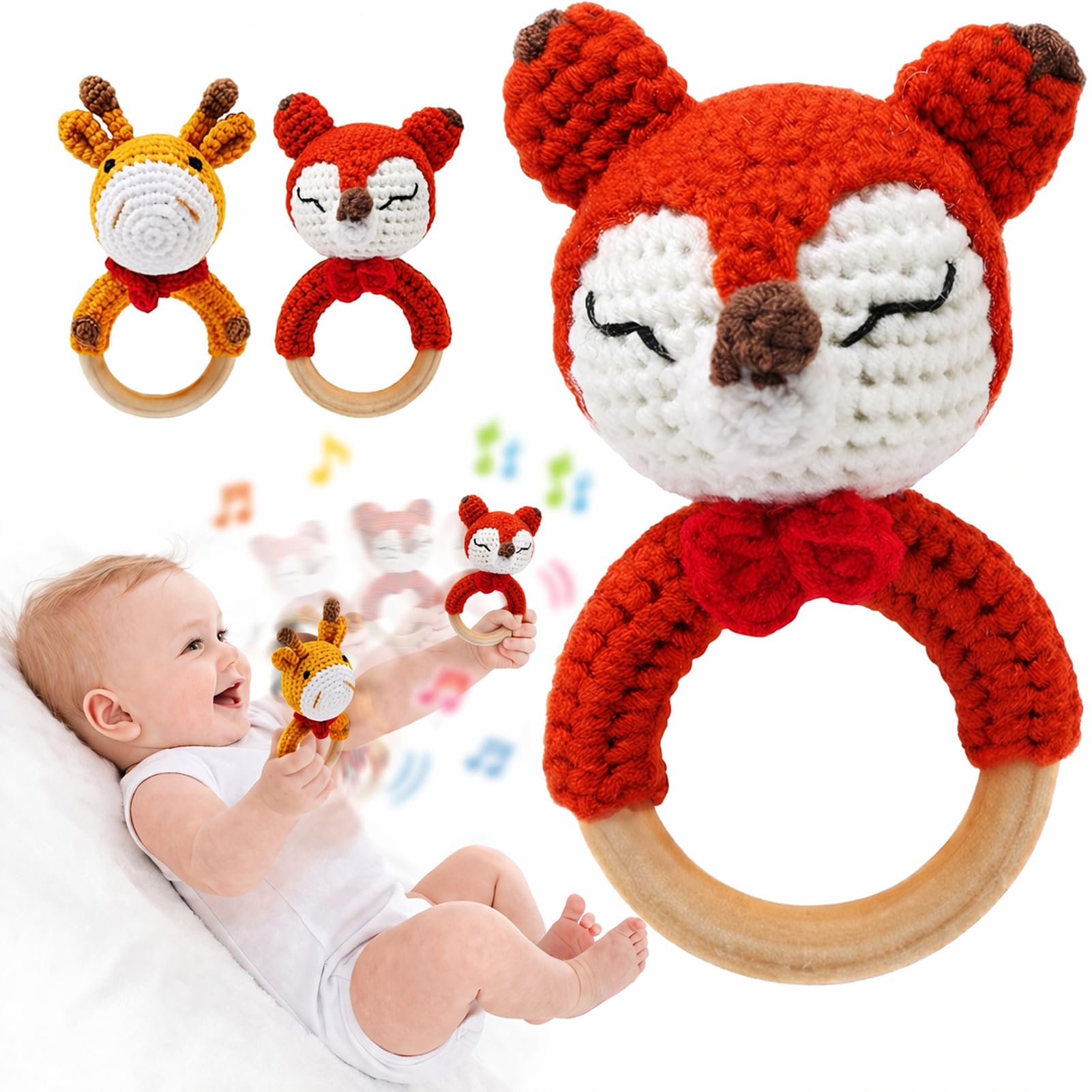 Joylife Sonajero de madera para bebé, hecho a mano con anillo de dentición de madera, juguete para recién nacido, sonajero orgánico, ideas de anuncio de bebé, accesorios de zorro rojo