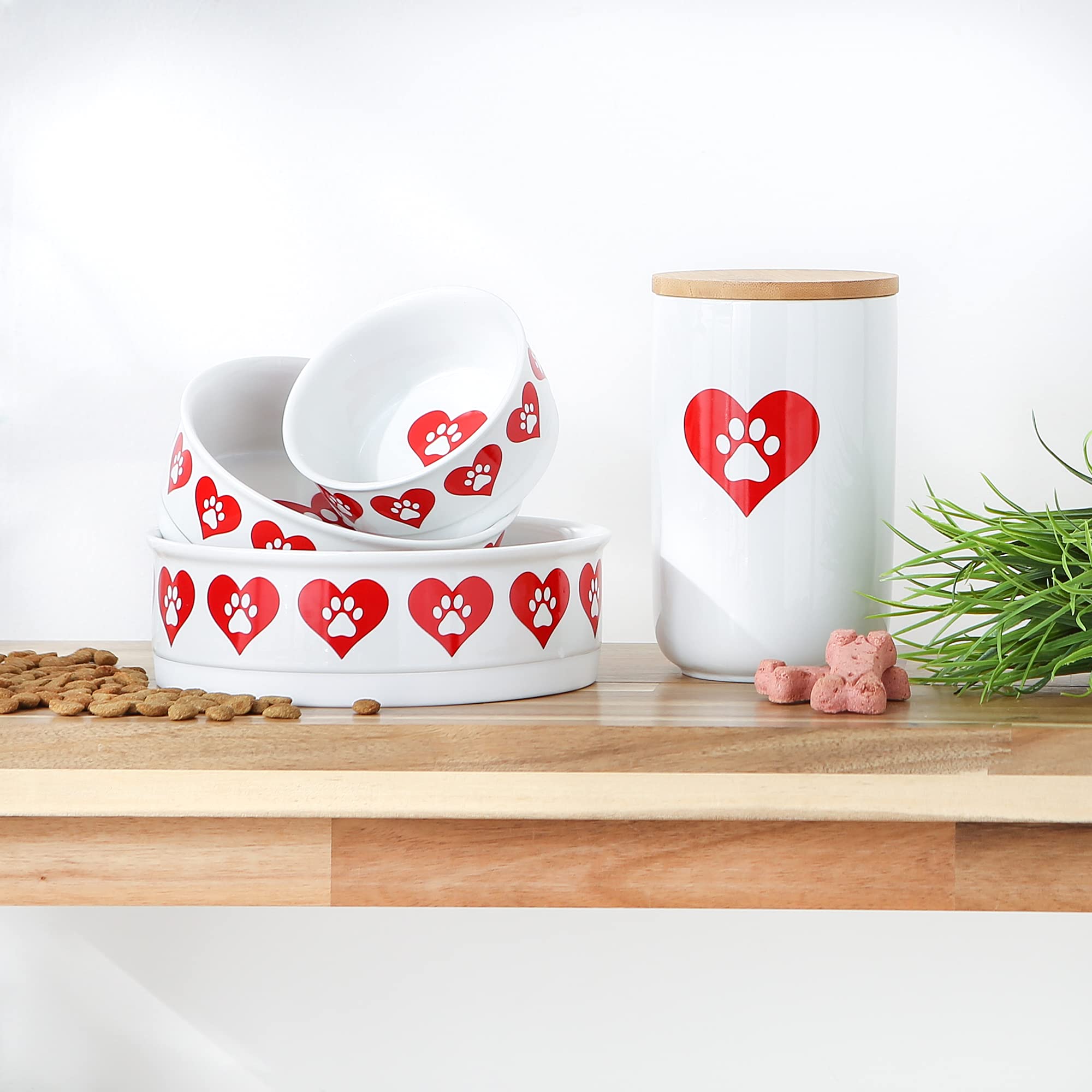 Bone Dry Ceramic Pet Bowl Set (Medium) - 2 Bowls, 6x2 Inches, Peace Paw Design, Dishwasher Safe