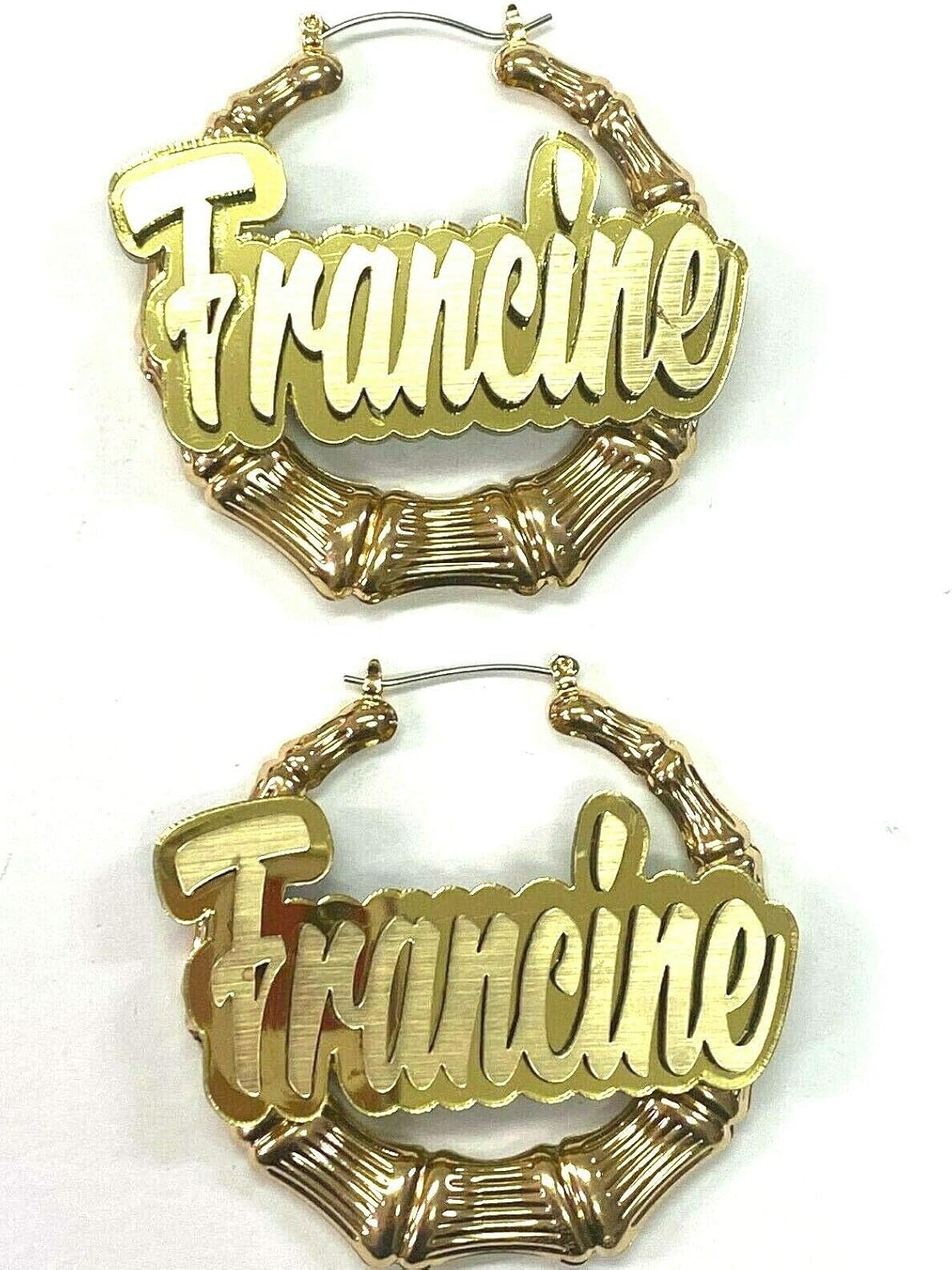 Personalized Custom Gold Hoop Bamboo Earrings Name Plate Laser Cut Gold Script Cursive Letters Design Stunning Look - Quality, Attractive Gold Bamboo Earrings, Made To Order - 1.5, 2.5, 3.5" Size Choice