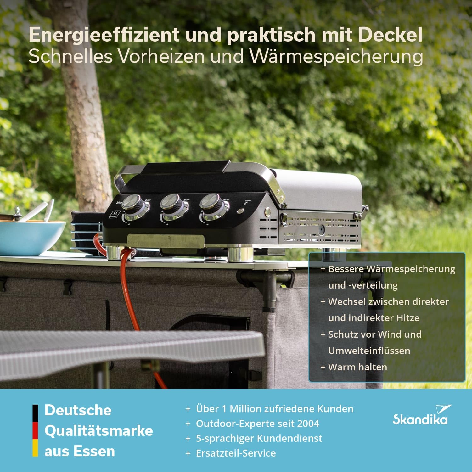 Skandika Plancha Grill Palo 3-Brenner Plus| Gasplancha Grillplatte mit Deckel, 3 Brenner, transportabler Gasgrill mit Kochplatte | Outdoor, Camping, Balkongrill, Tischgrill, Grillplancha, Gasbräter