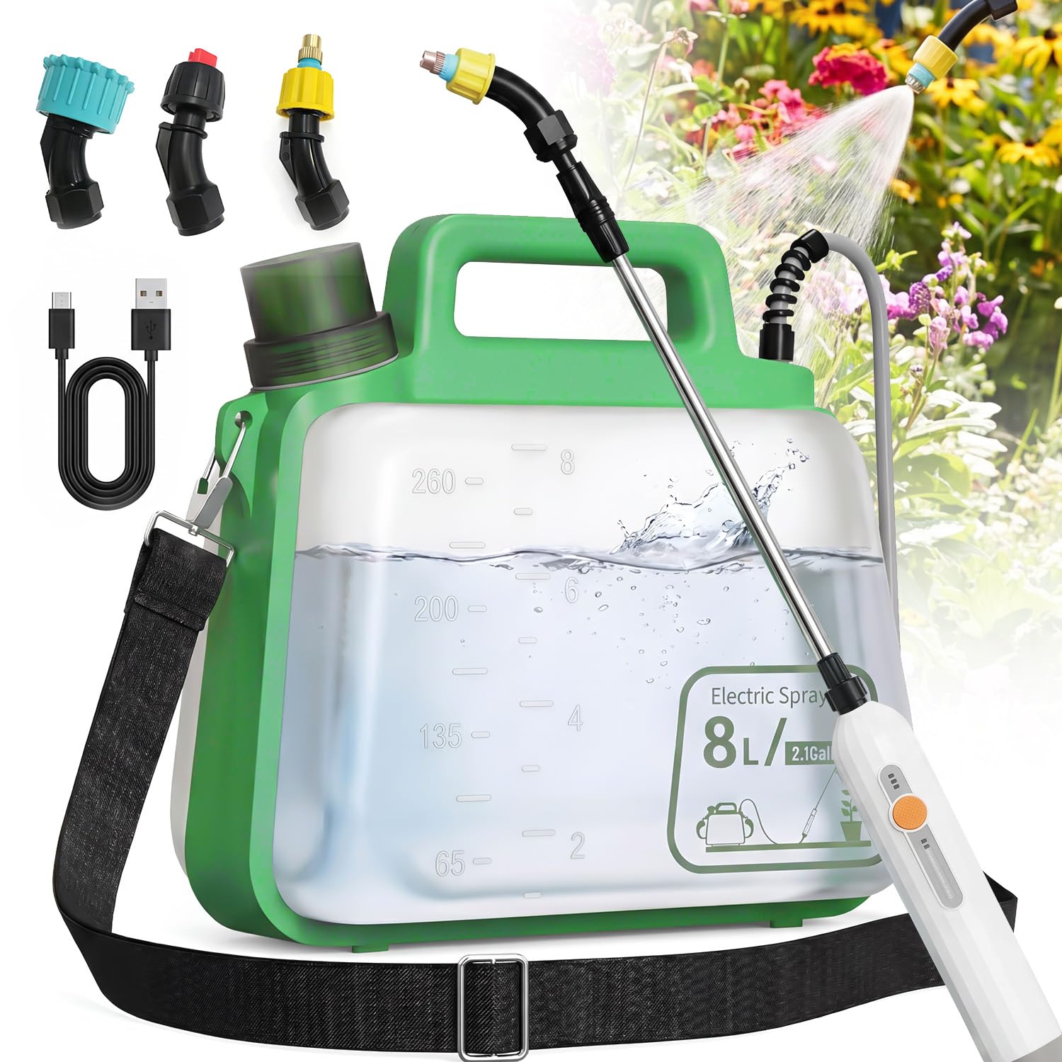 Photo 1 of 2 Gallon Electric Garden Sprayer, Upgrade Battery Powered Weed Sprayer with 3 Mist Nozzles, 5 Spray Modes, IP67 Rechargeable Handle, Retractable Wand, Sprayer with Shoulder Strap for Yard, Lawn Care