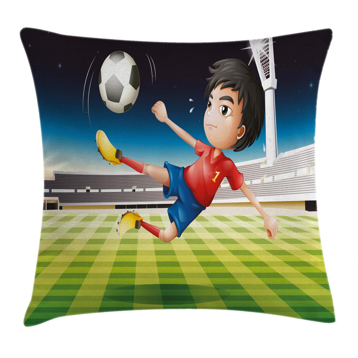 Lunarable Sports Throw Pillow Cushion Cover, Young Boy Playing Football in The Stadium Athlete Sports Soccer Championship Graphic, Decorative Square Accent Pillow Case, 36