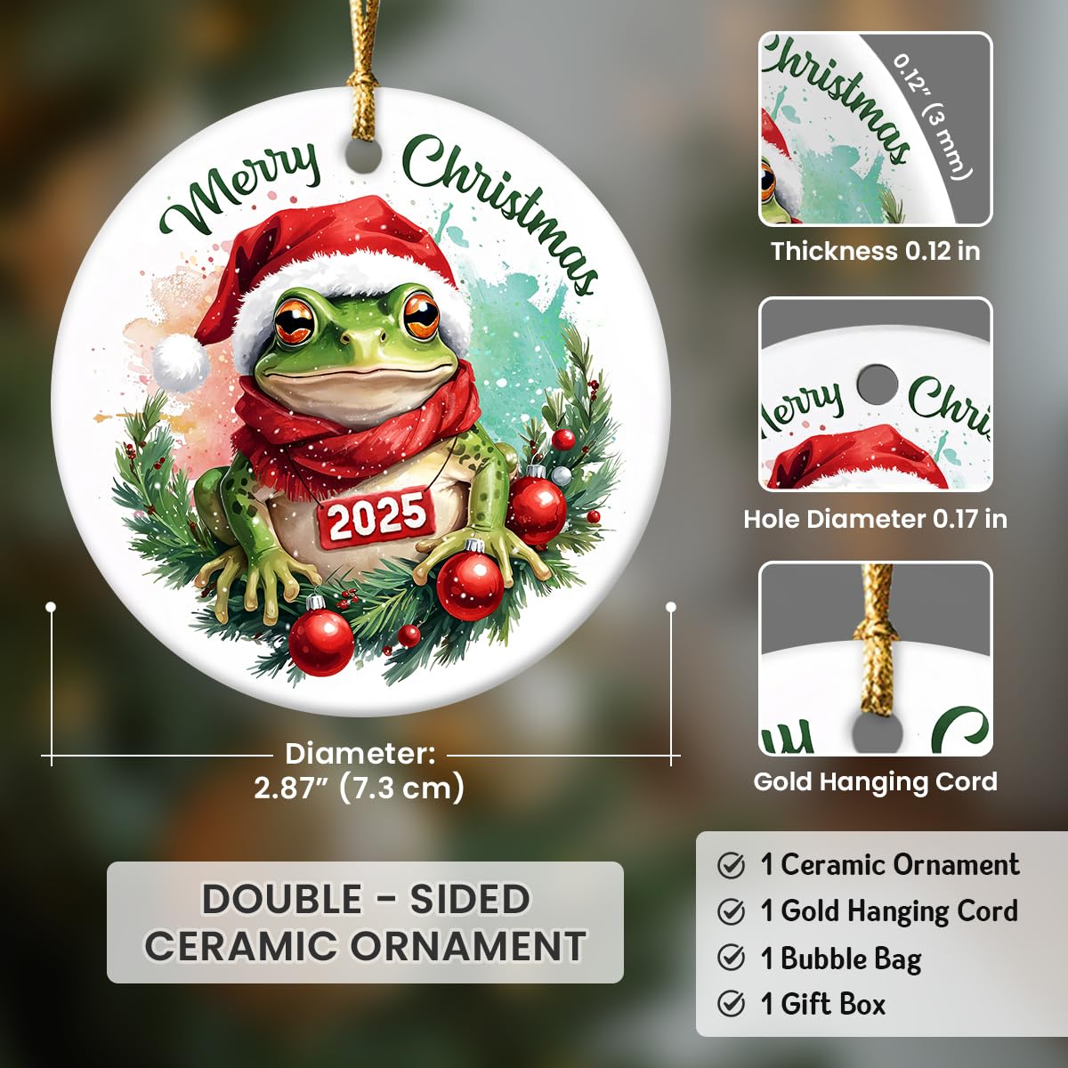 Lustiger Frosch Weihnachtsschmuck 2025, festliche Geschenke für Tierliebhaber, Herpetologie-Fans, niedlicher Weihnachtsmann Frosch Baumdekor mit rotem Schal, natürliches Leben Keramik Ornament für