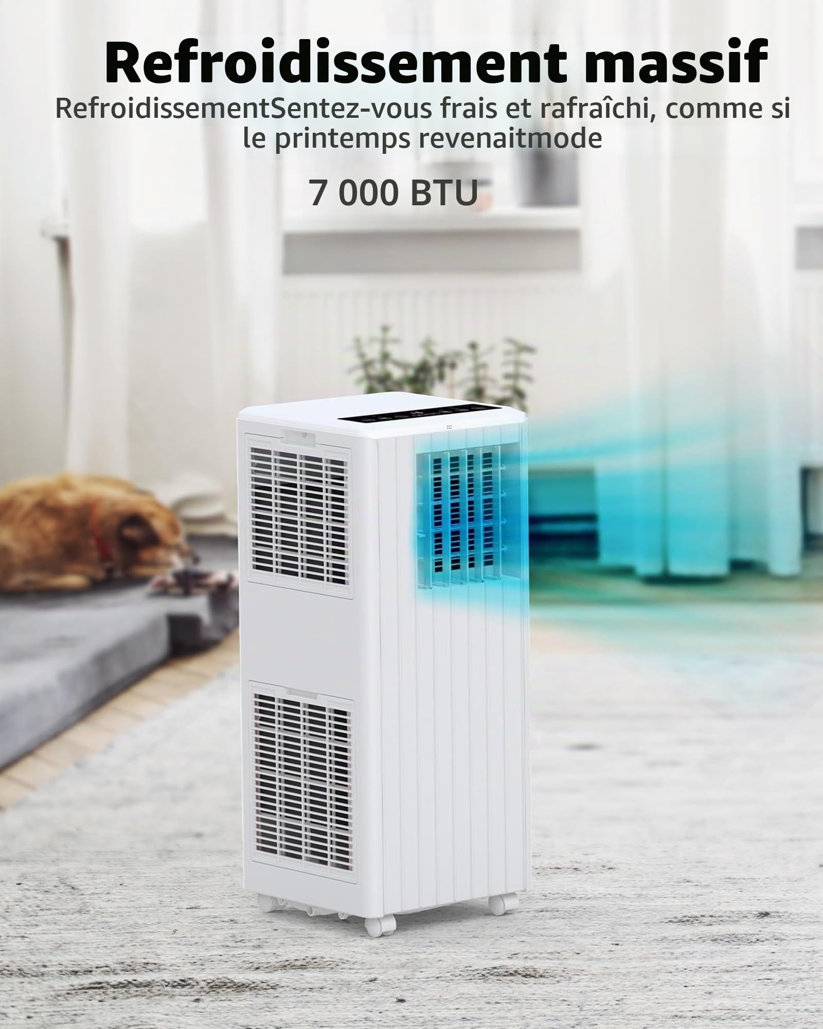 Garvee Climatiseur mobile 7000 BTU, 3 en 1, refroidissement, déshumidification, mode veille, 2,0 kW avec tuyau d'échappement, télécommande, temps de 24 h, pour pièces jusqu'à 18-25 m²