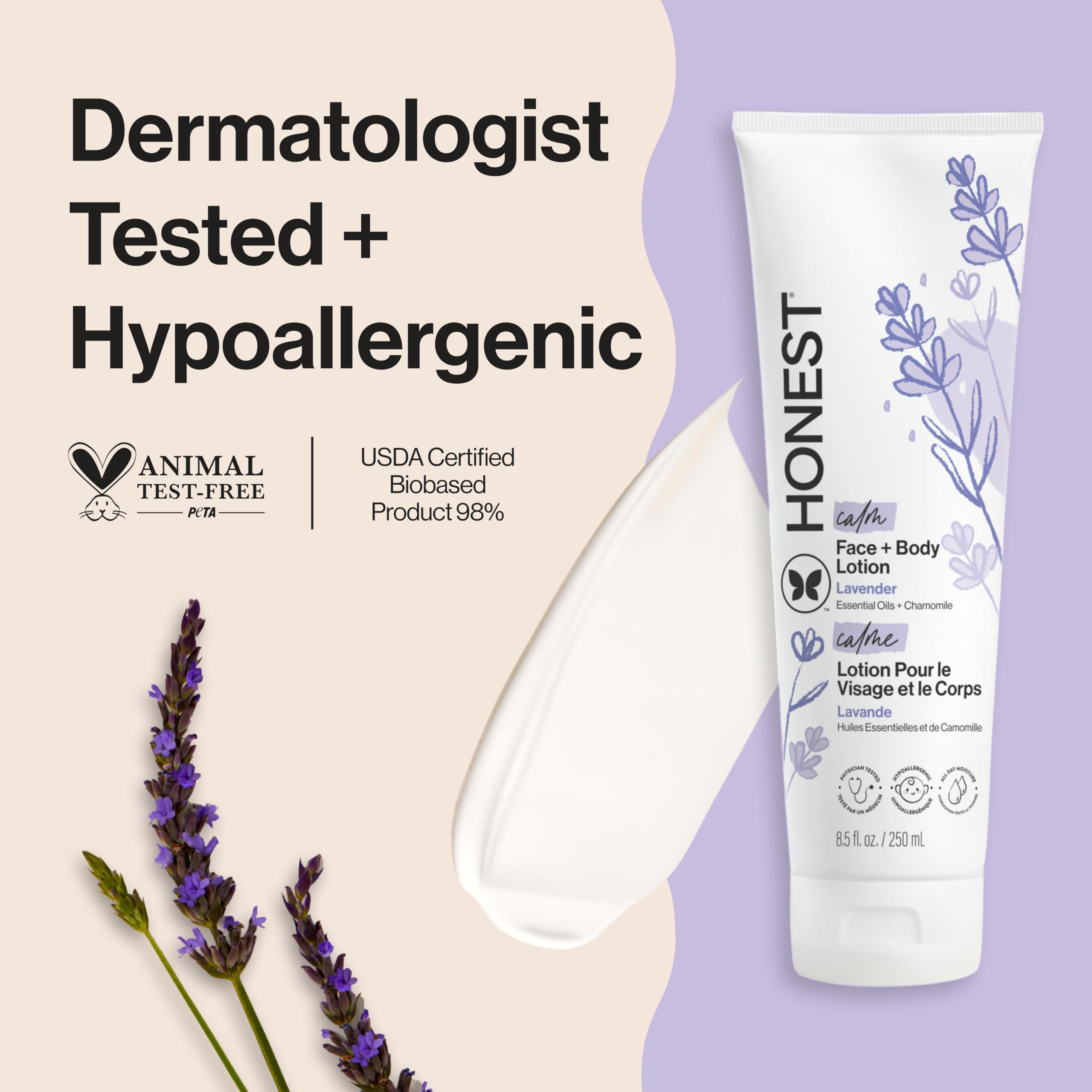 The Honest Company Hydrating Face and Body Lotion, Fast Absorbing, Naturally Derived, Hypoallergenic, Fragrance-Free, Sensitive, 8.5 fl oz: Lavender Calm 8.5 Fl Oz (Pack of 1)