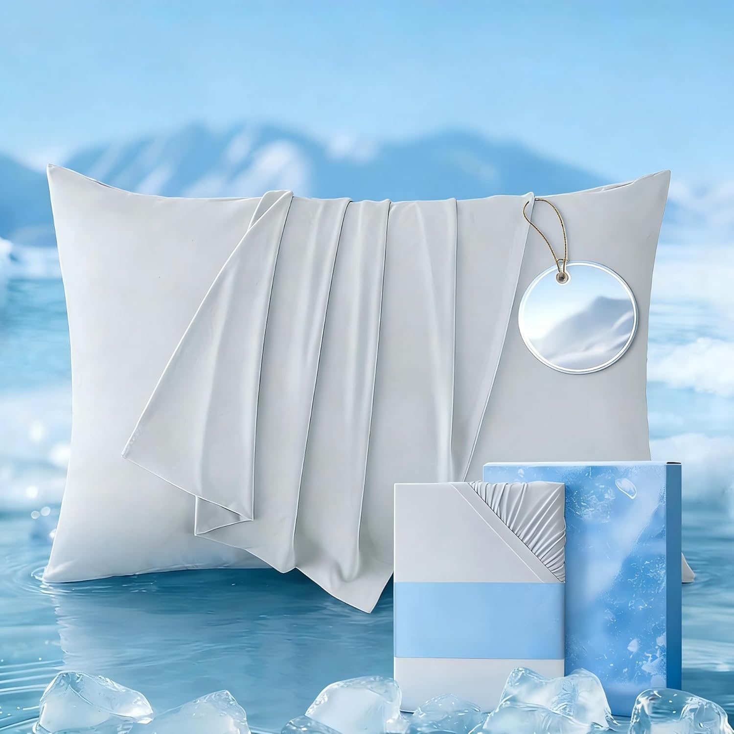 Bedsure Cooling Pillow Cases Bundle Cooling Fitted Sheet Queen Size for Hot Sleepers Night Sweats, Silky Cold Pillow Covers 20" x 30", King Fitted Sheet Only with 360° Elastic Band, 16" Deep, Grey