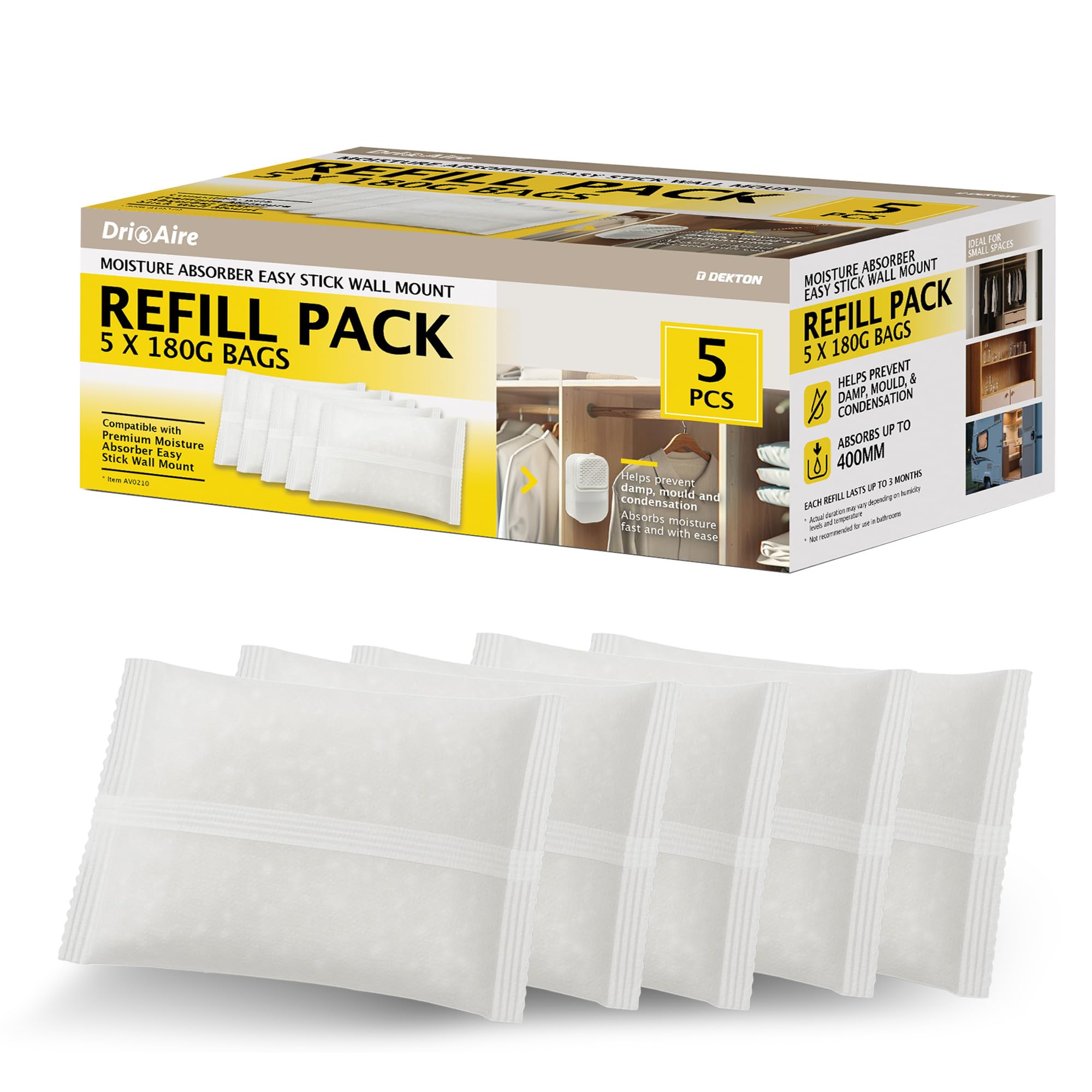 Dri Aire 5 * 180G Refill Bag Compatible With Premium Moisture Absorber Easy Stick Wall Mount Helps Prevent Damp Mould And Condensation Fast Moisture Absorption