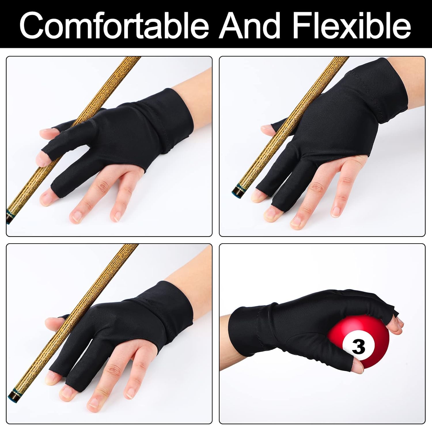 Civaner 8 Pcs 3 Fingers Show Gloves Predator Pool Gloves Billiards Left Hand Billiard Gloves Snooker Cue Gloves for Women Men Billiard Shooters Carom Sports Accessories (Black) : Sports & Outdoors