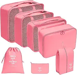 Organizador Viagem Kit 7 Peças - Necessaire para Bagagem Malas Roupas Bolsa Cosméticos Higiene - Dobrável Impermeável Multiuso Feminina Masculina Unissex Grande Compacto Prático (ROSA)