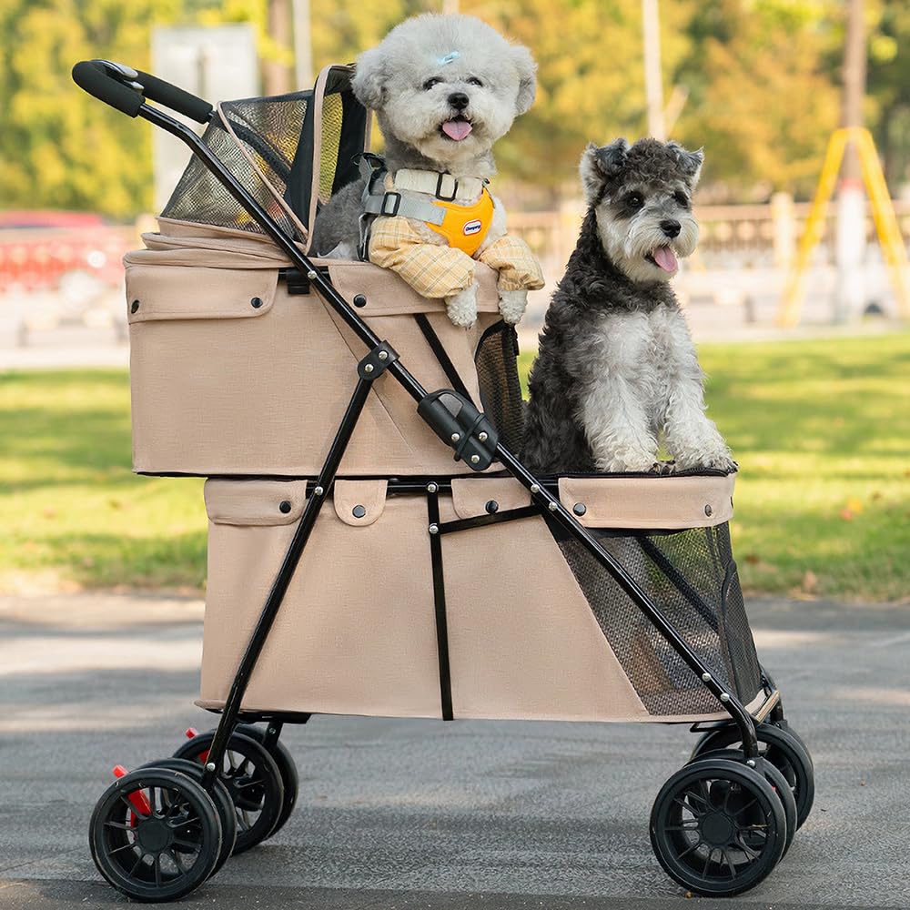 Double Couche Poussette pour Chien Chat Animaux, Animaux Voyage Poussette, Pliable Chien Chat À Quatre Roues Chariot, avec Ventilation et Freins (Marron, 50x67x95 cm/double couche)