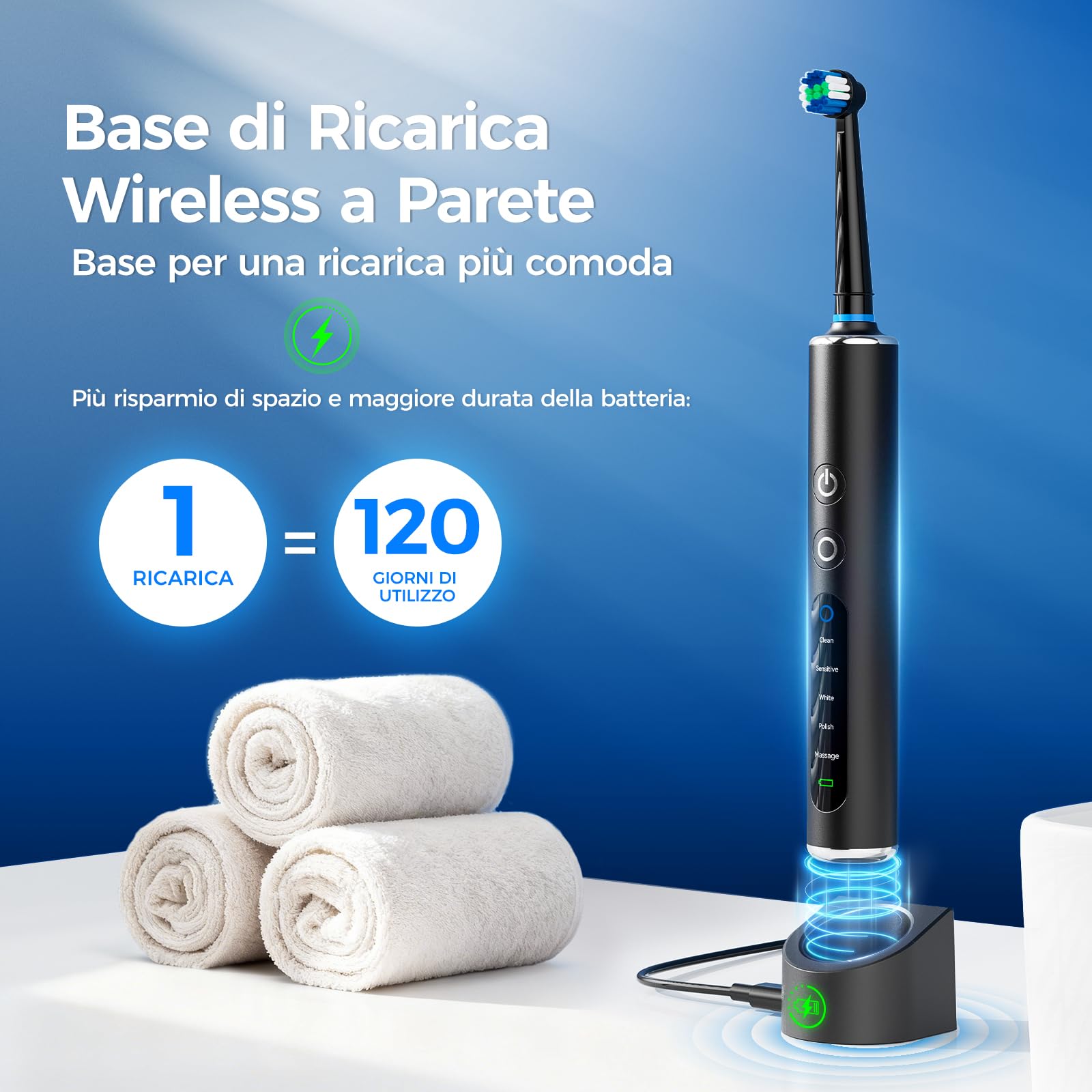 Spazzolino Elettrico Rotante per Adulti e Bambini con 3 Intensità e 5 Modalità, Electric Toothbrush con 8 Testine, Custodia da Viaggio, Impermeabile IPX7, Batteria con Autonomia di 120 Giorni (Nero)