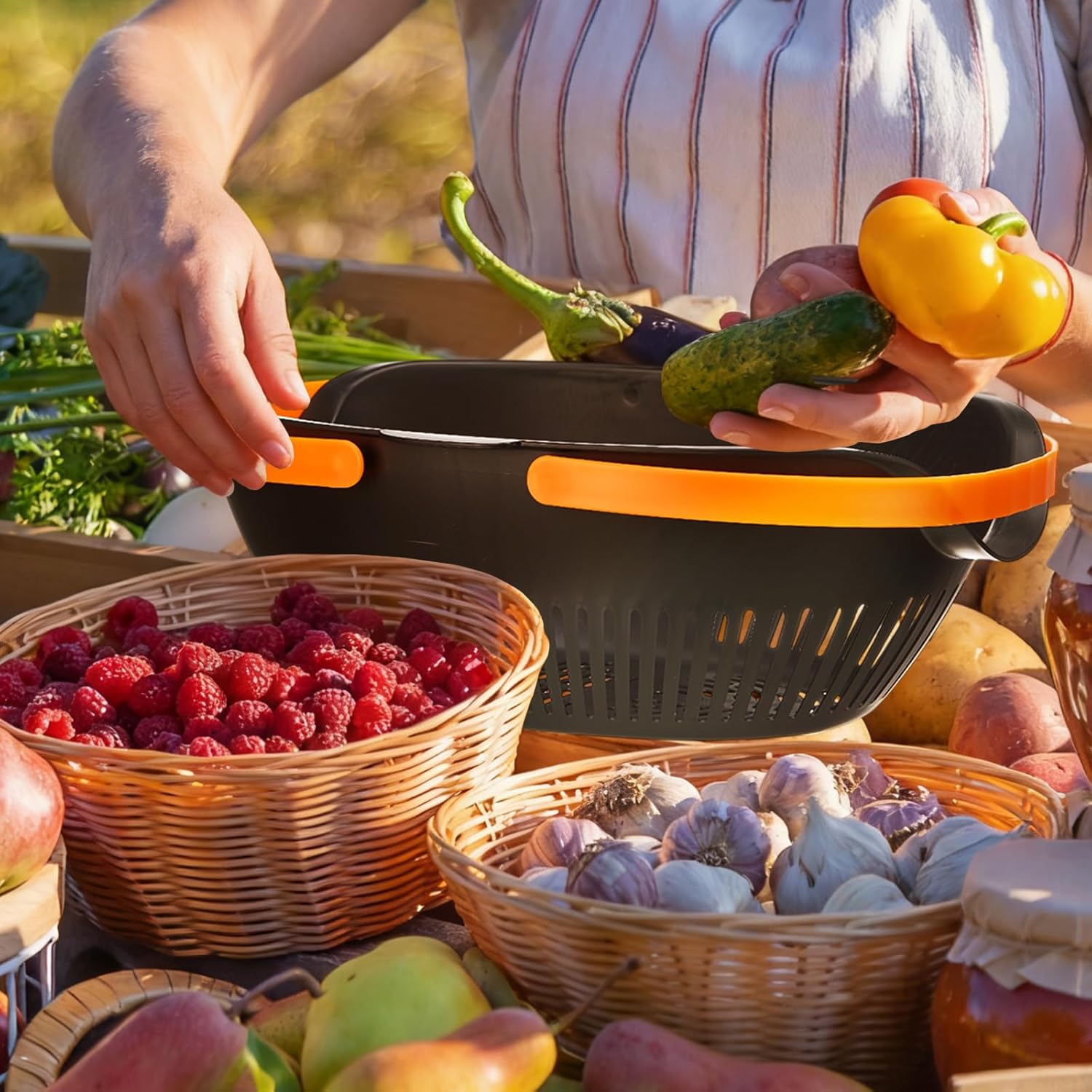 Nuogo 3 Pcs Garden Harvest Basket, Removable Partitions with Tool Caddy for Collecting, Carrying, and Cleaning Harvesting Basket Doubles as a Colander for Vegetables and Fruits Garden Accessories