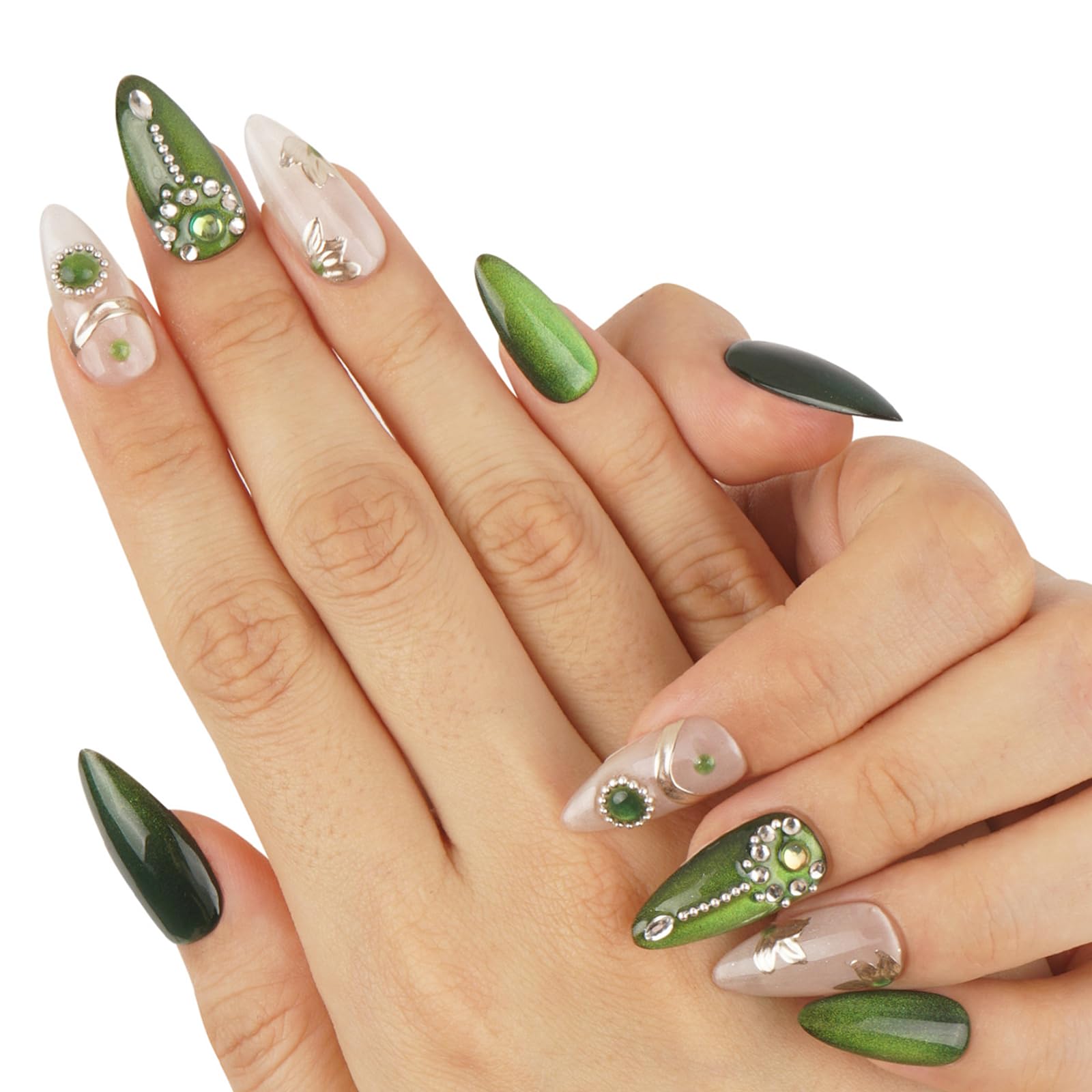 LydeLog Handmade Press On Nails, Medium Almond Hand-Painted False Nails with Jelly Glue, Salon Quality Nail Art Sets in Almond Nails 10 pcs (Verdant