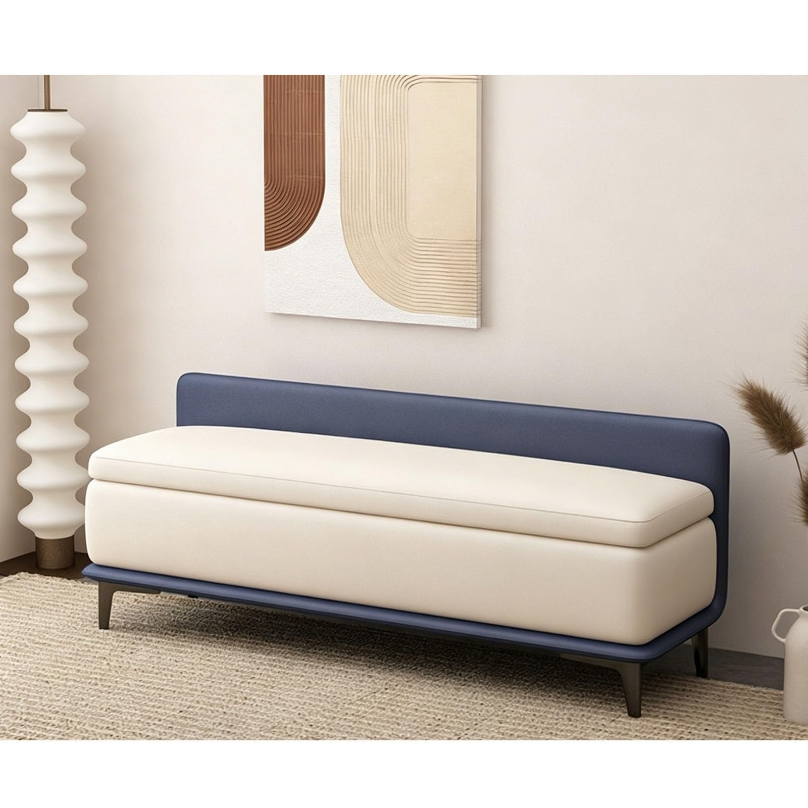 Banc ottoman de rangement en cuir et tabouret à langer rembourré extra long avec dossier